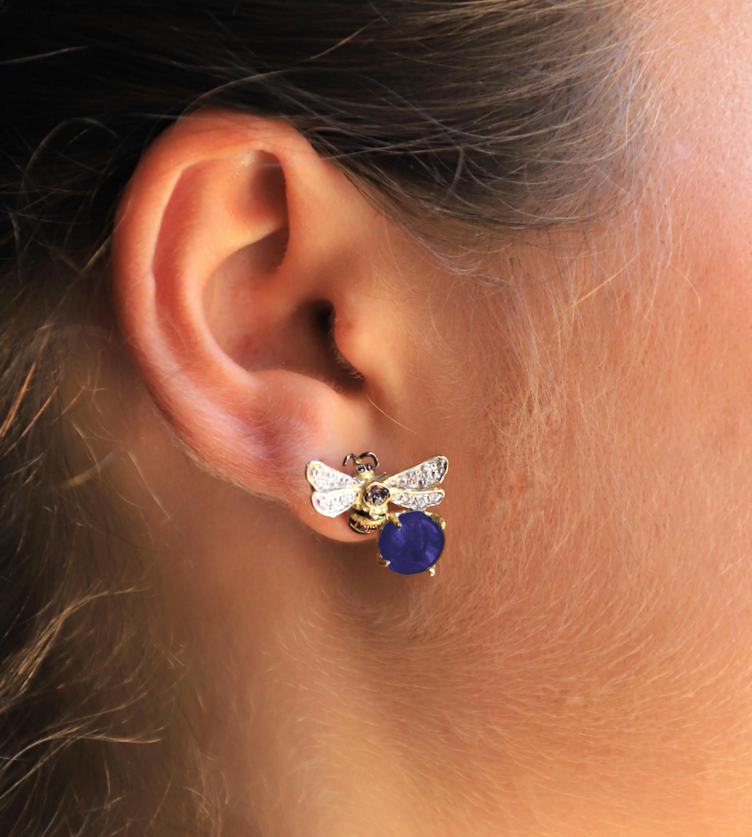 Art Nouveau Bee 18 Karat Gold White & Black Diamonds Indigo Color Iolite Stone Stud Earrings For Sale