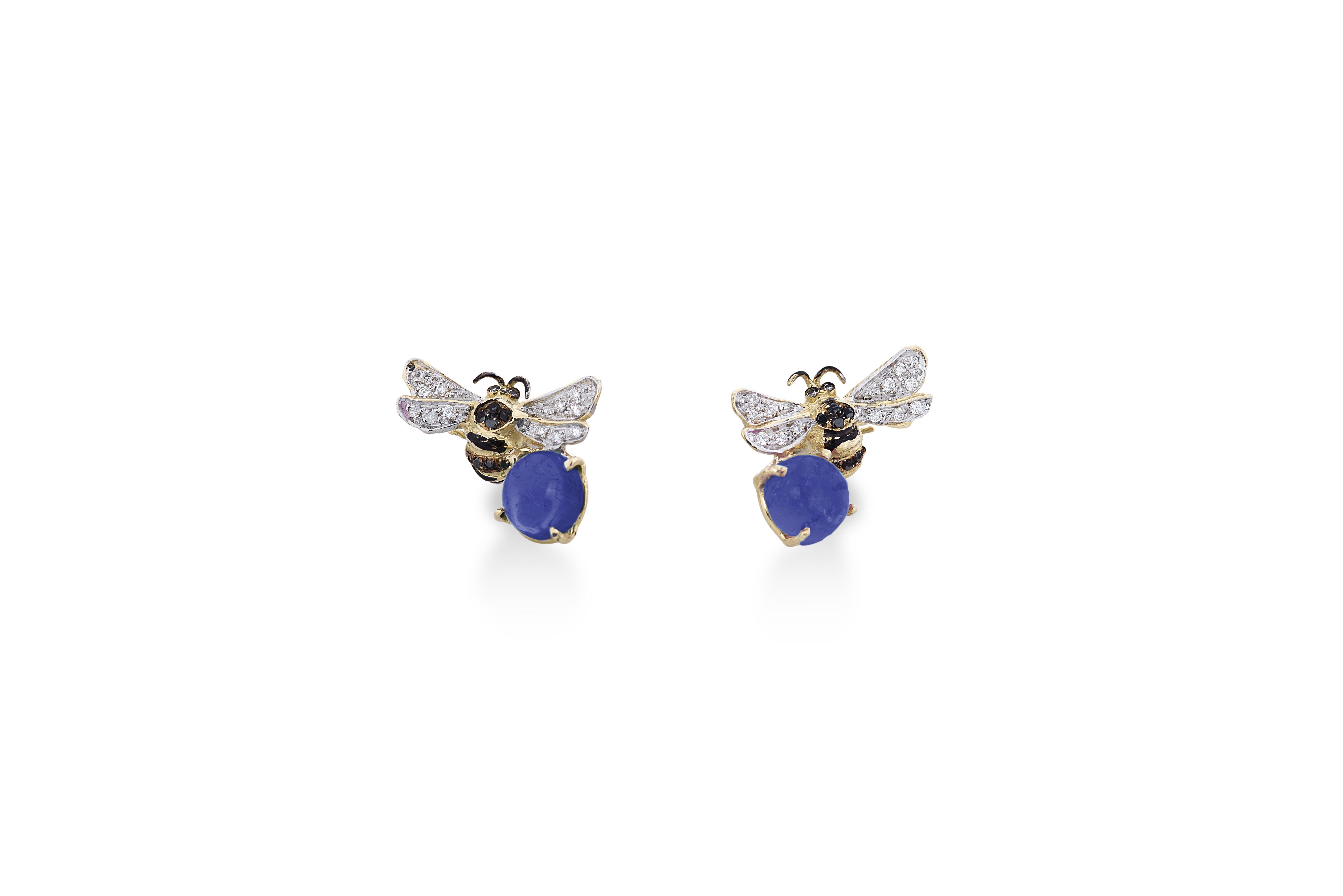 Cabochon Bee 18 Karat Gold White & Black Diamonds Indigo Color Iolite Stone Stud Earrings For Sale