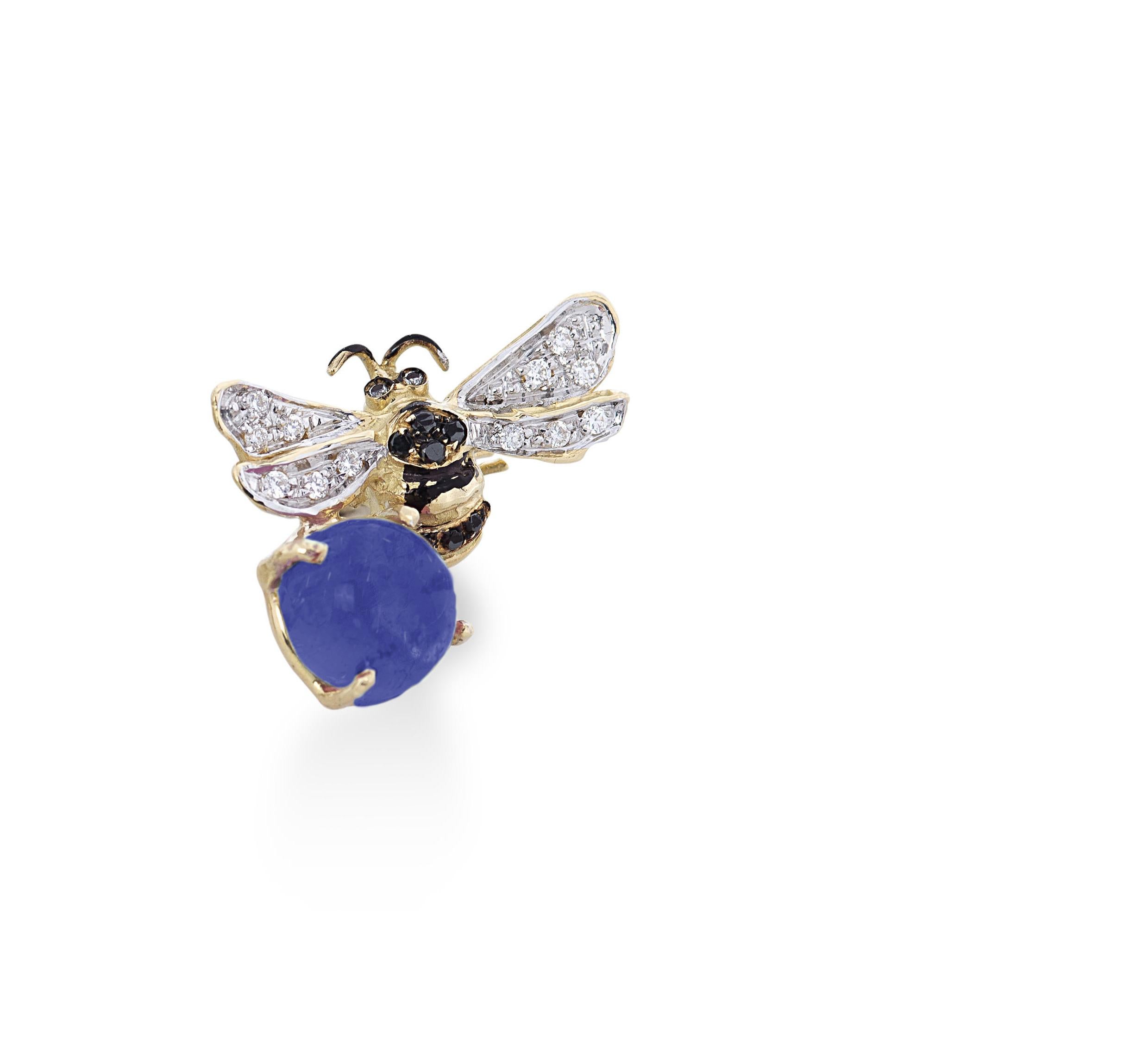 Bee 18 Karat Gold White & Black Diamonds Indigo Color Iolite Stone Stud Earrings For Sale 1