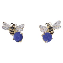 Bee 18 Karat Gold White & Black Diamonds Indigo Color Iolite Stone Stud Earrings