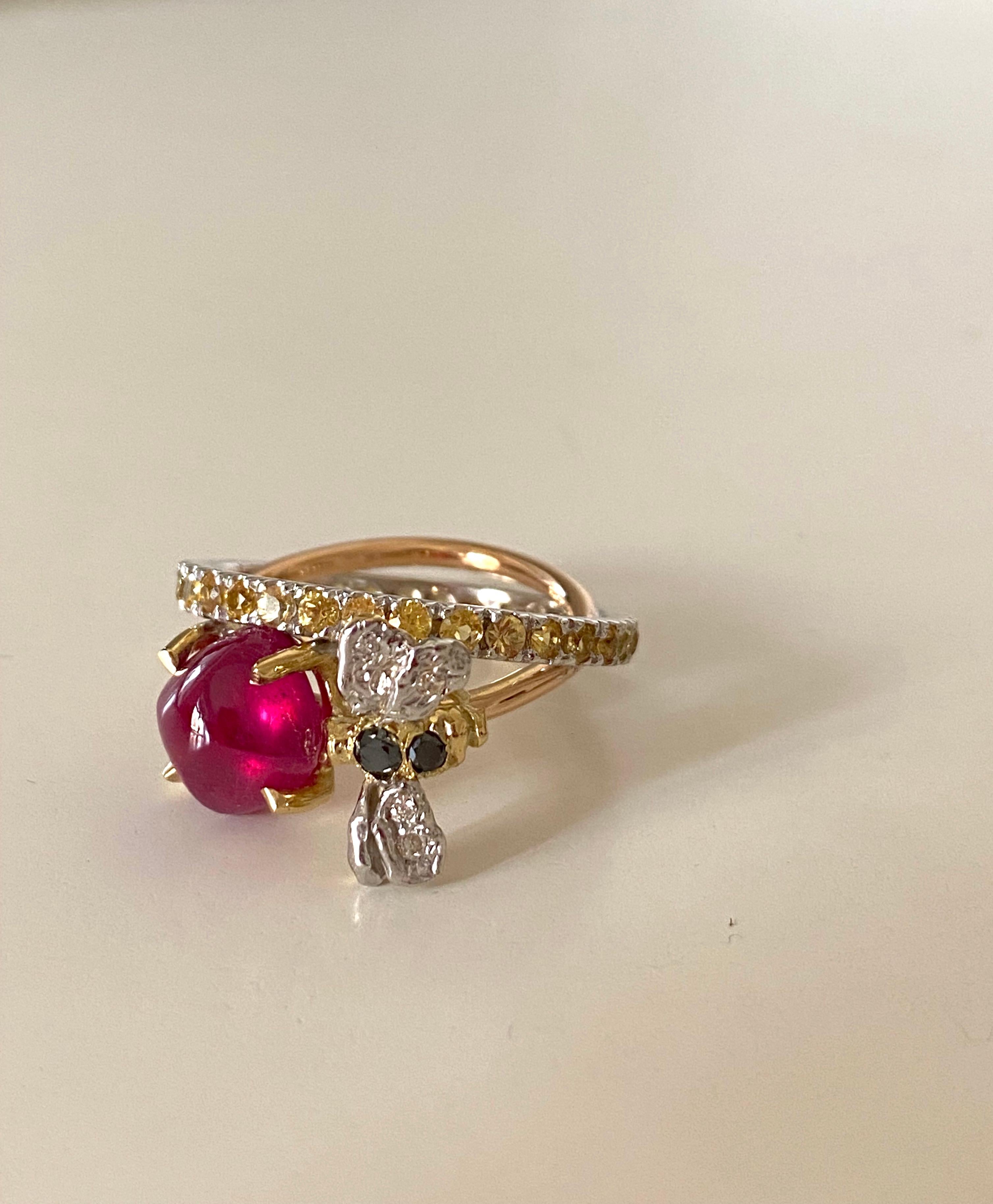 Bee 18 Karat Gold Yellow Sapphires Diamonds Rubelite Handcrafted Ring For Sale 3