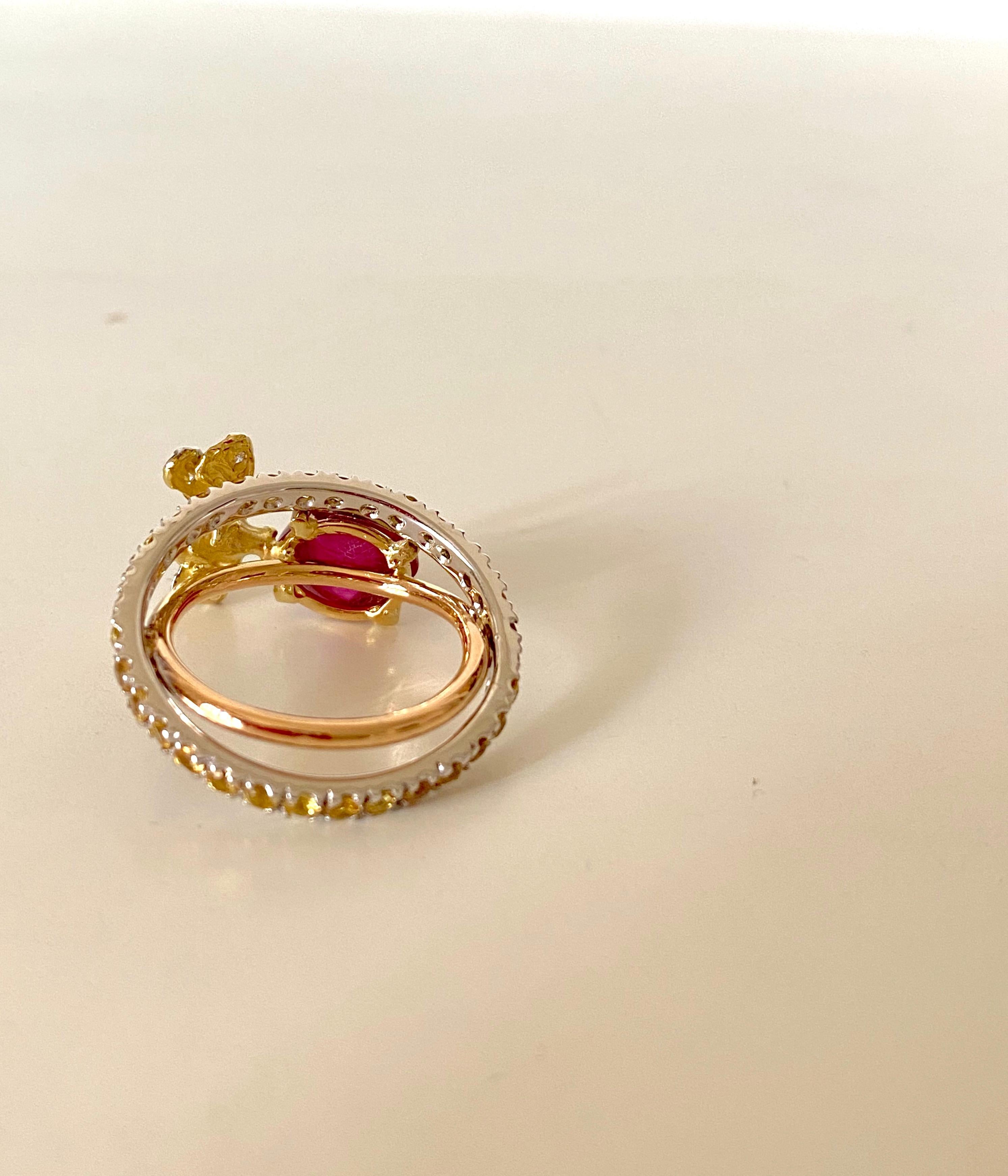 Bee 18 Karat Gold Yellow Sapphires Diamonds Rubelite Handcrafted Ring For Sale 4