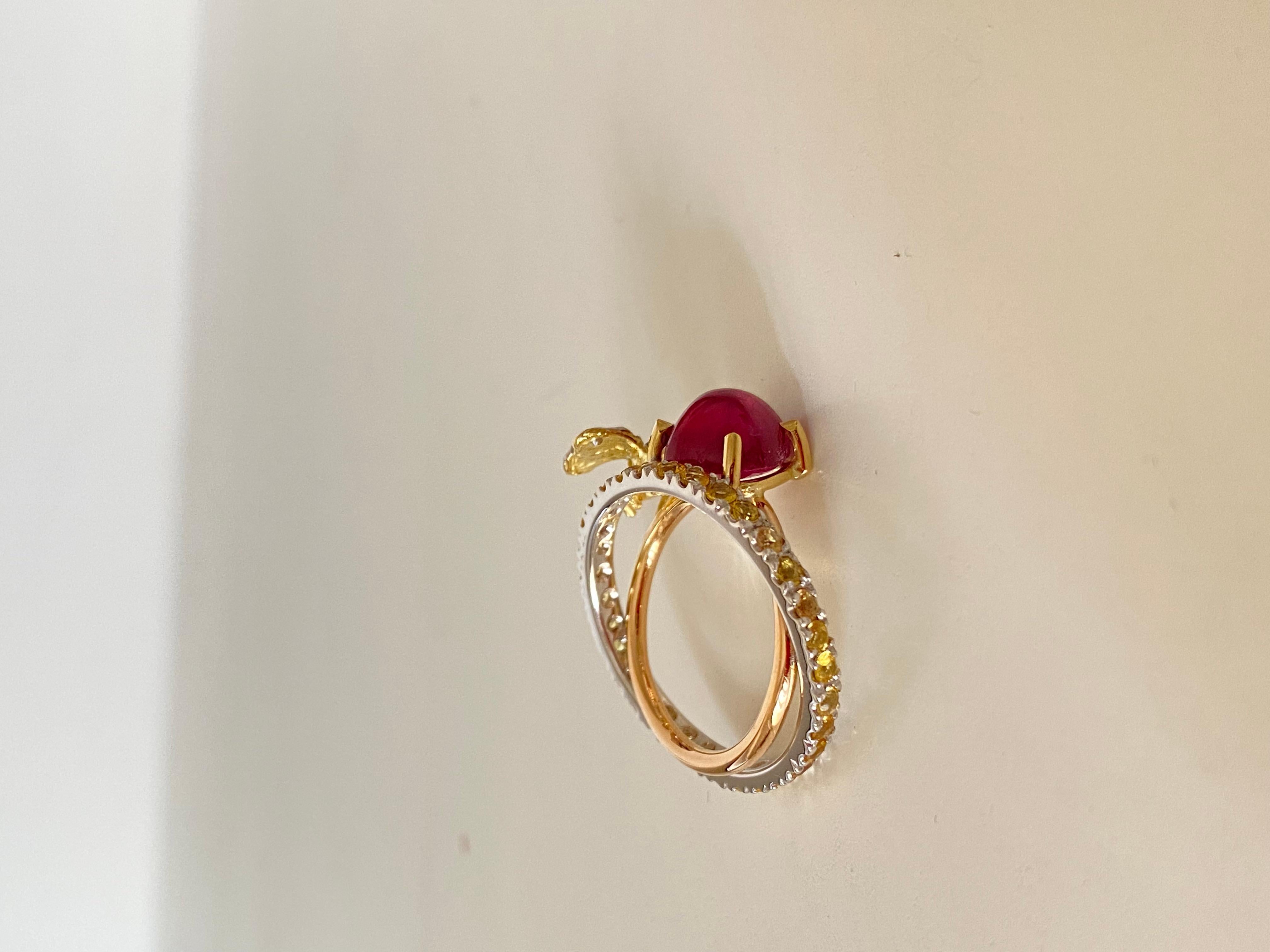 Bee 18 Karat Gold Yellow Sapphires Diamonds Rubelite Handcrafted Ring For Sale 5