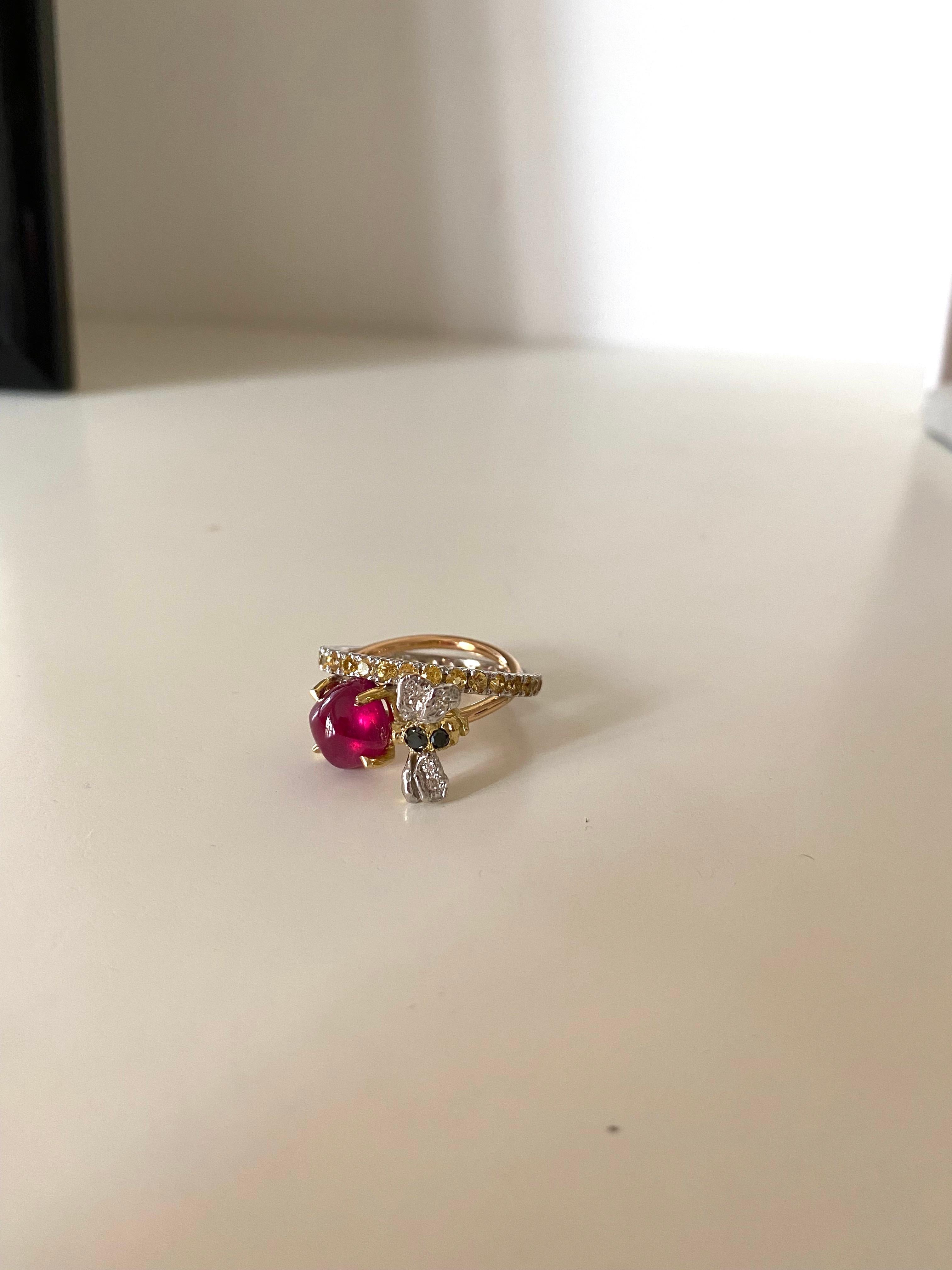 Bee 18 Karat Gold Yellow Sapphires Diamonds Rubelite Handcrafted Ring For Sale 6