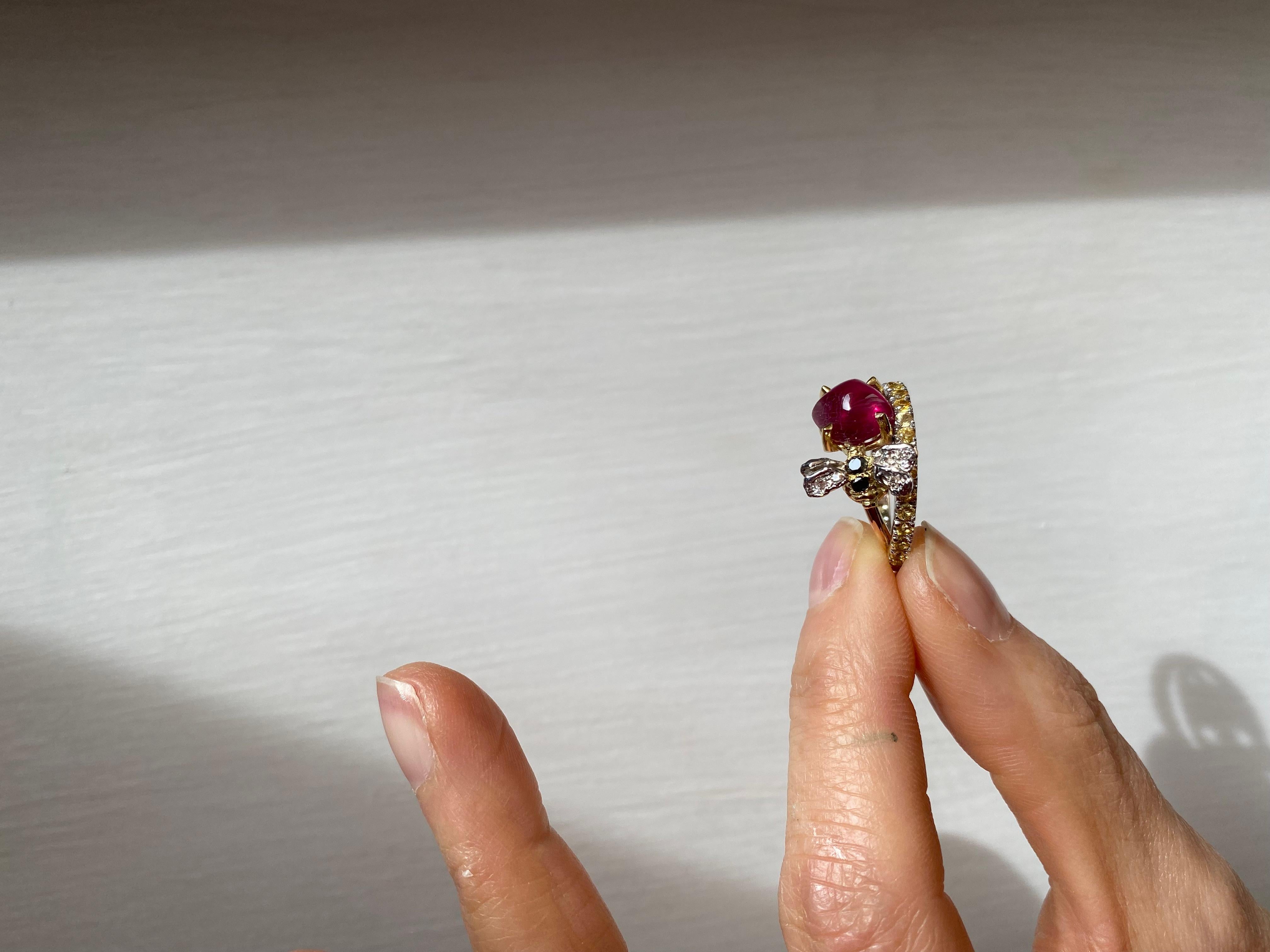 Cabochon Bee 18 Karat Gold Yellow Sapphires Diamonds Rubelite Handcrafted Ring For Sale