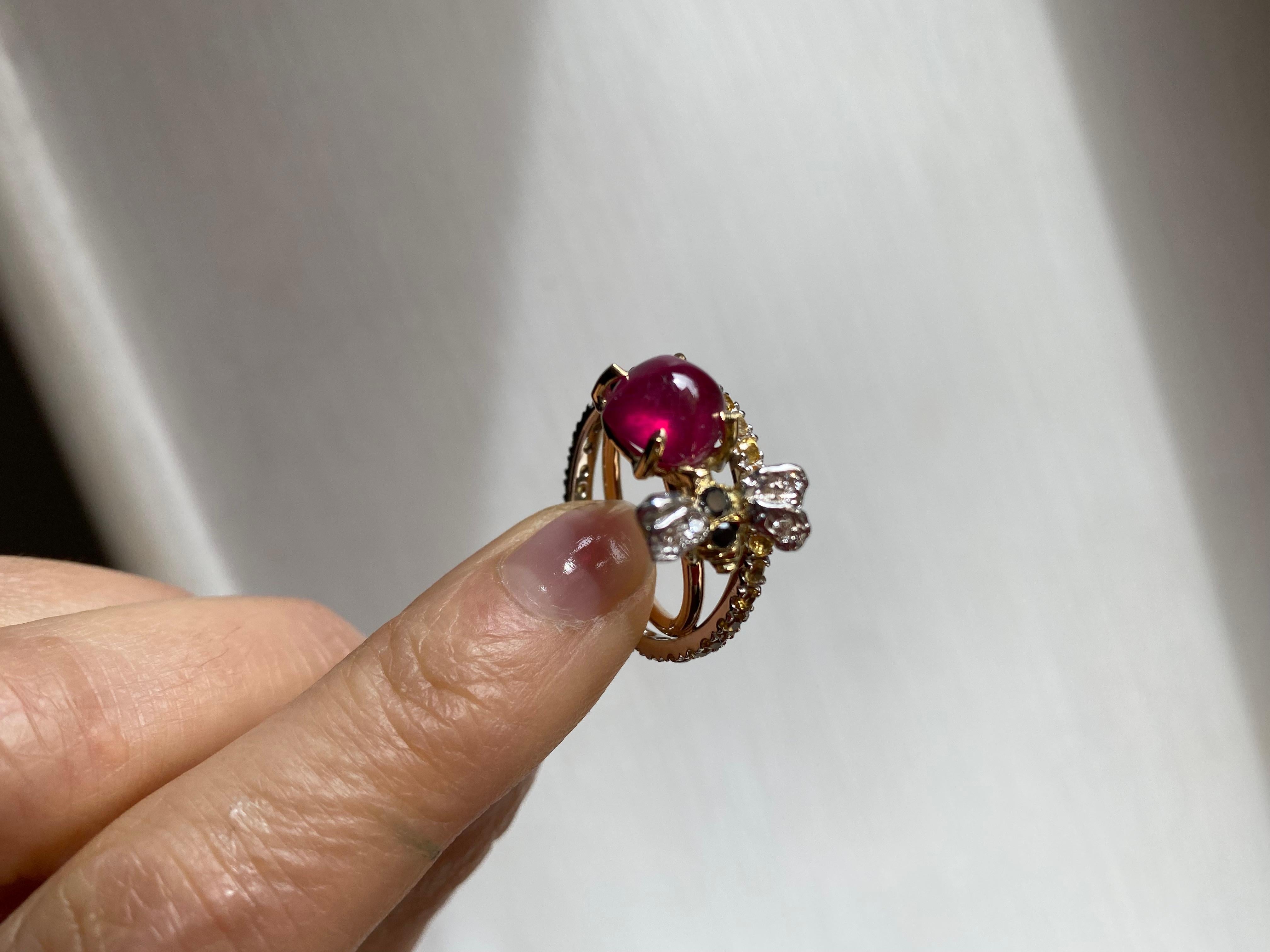 Bee 18 Karat Gold Yellow Sapphires Diamonds Rubelite Handcrafted Ring For Sale 1