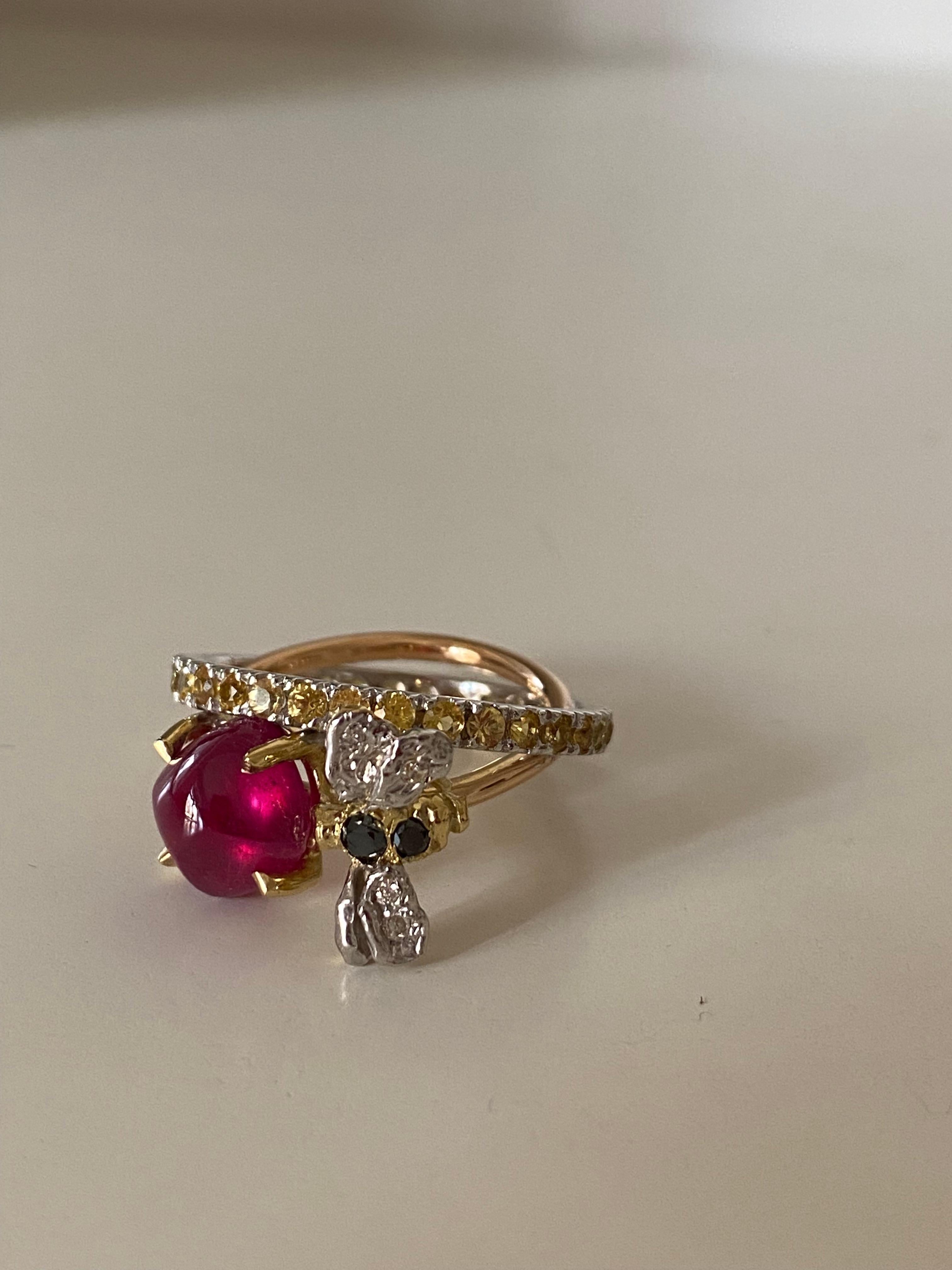 Bee 18 Karat Gold Yellow Sapphires Diamonds Rubelite Handcrafted Ring For Sale 2