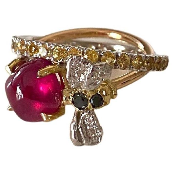 Bee 18 Karat Gold Yellow Sapphires Diamonds Rubelite Handcrafted Ring For Sale