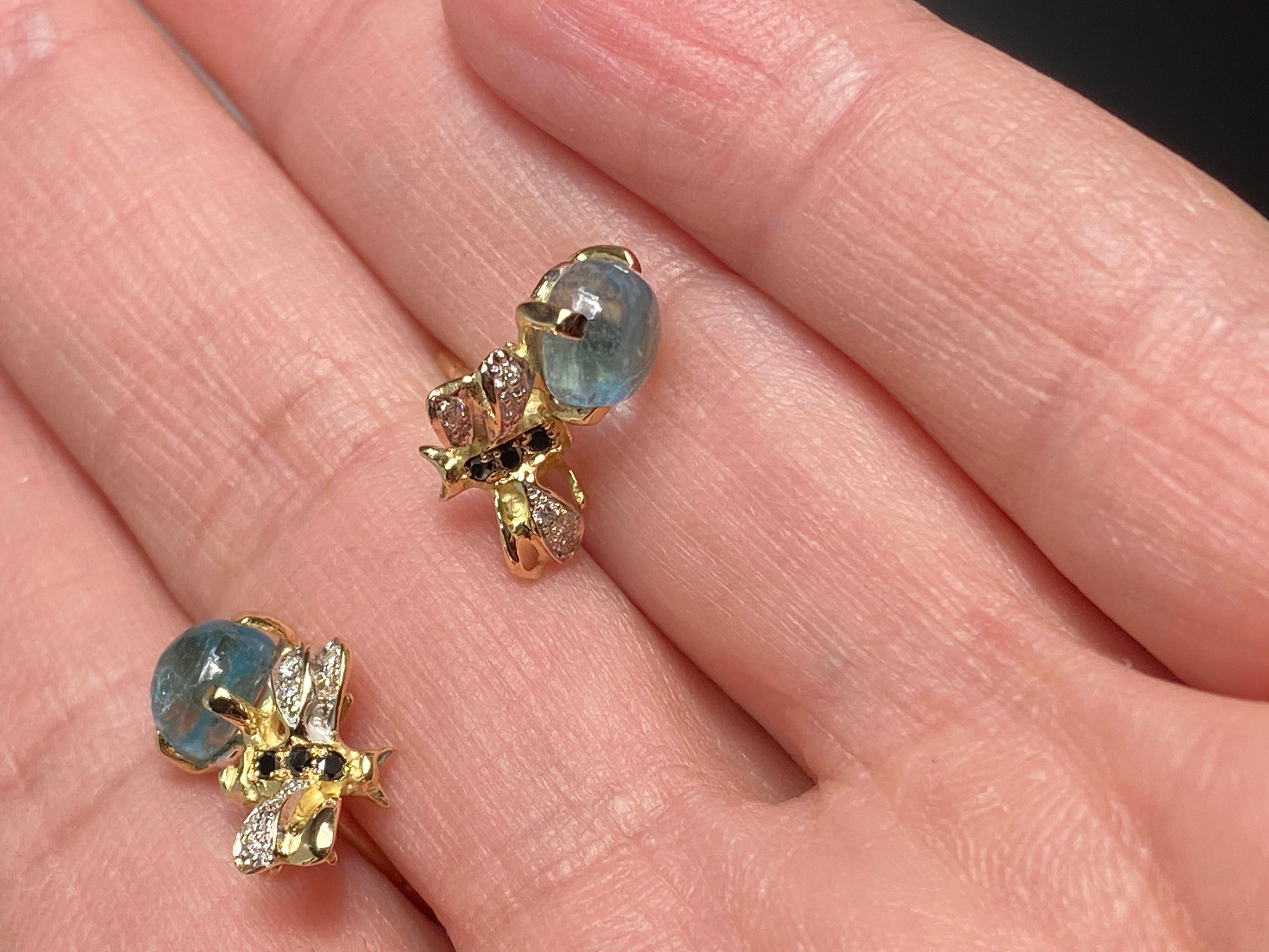 Women's or Men's Rossella Ugolini Aquamarine 18K Gold Diamonds Bees Handcrafted Stud Earring For Sale