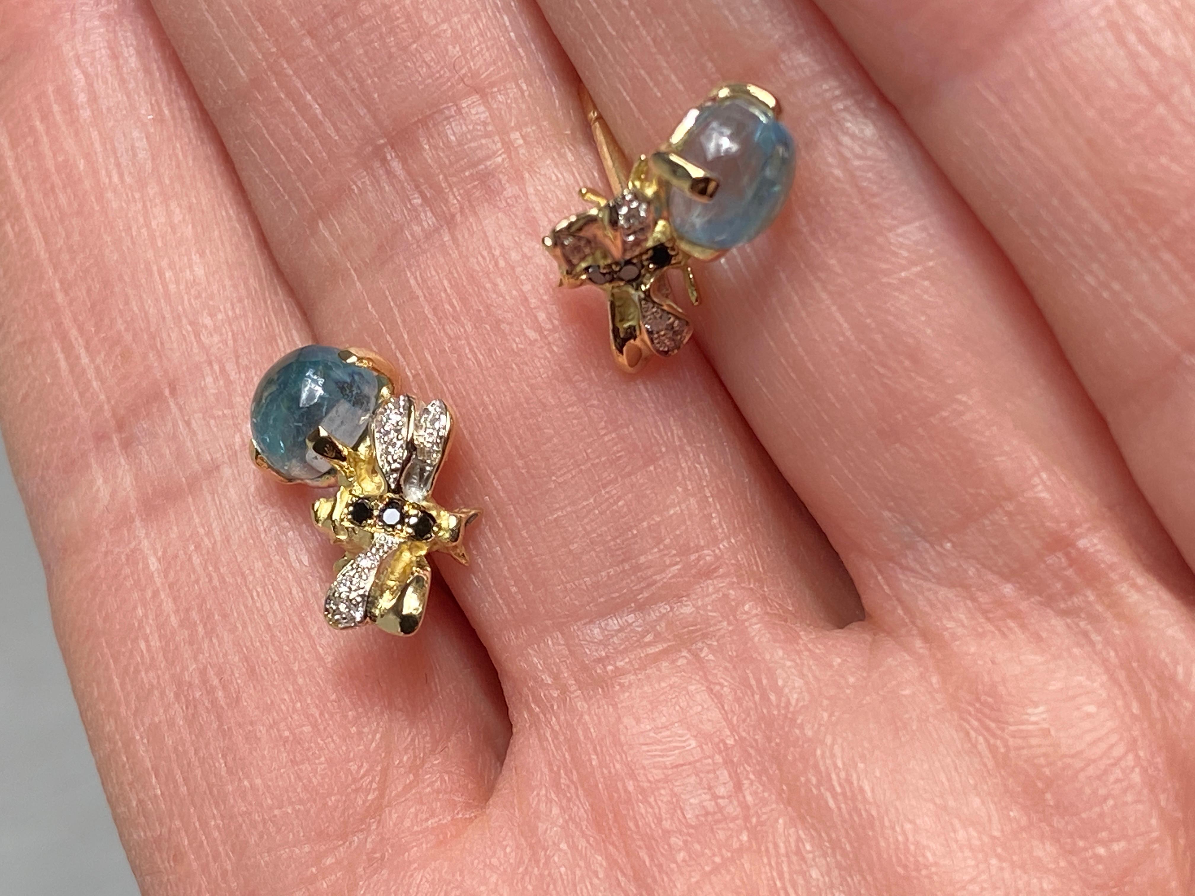 Rossella Ugolini Aquamarine 18K Gold Diamonds Bees Handcrafted Stud Earring For Sale 1