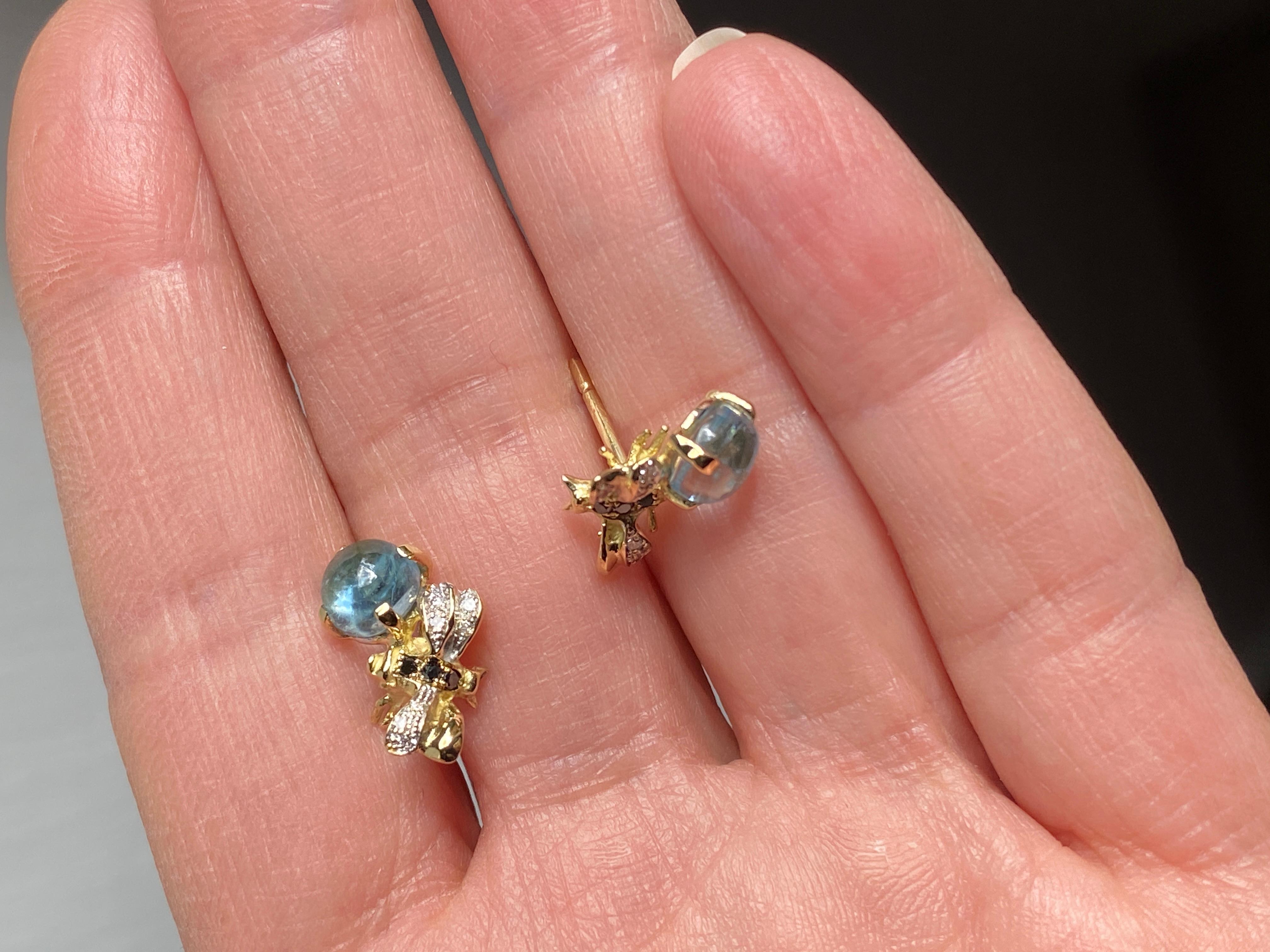 Rossella Ugolini Aquamarine 18K Gold Diamonds Bees Handcrafted Stud Earring For Sale 2