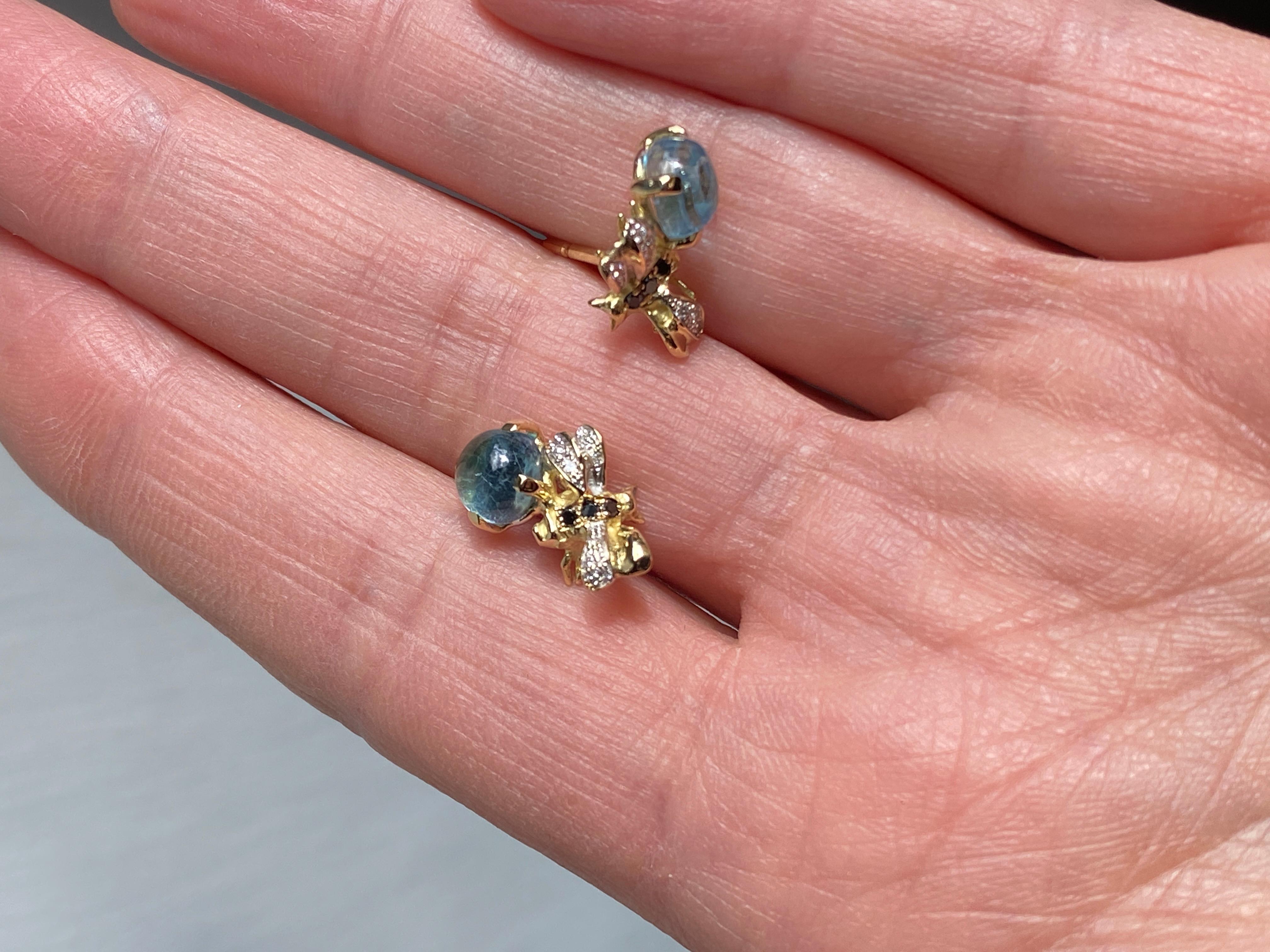 Rossella Ugolini Aquamarine 18K Gold Diamonds Bees Handcrafted Stud Earring For Sale 4