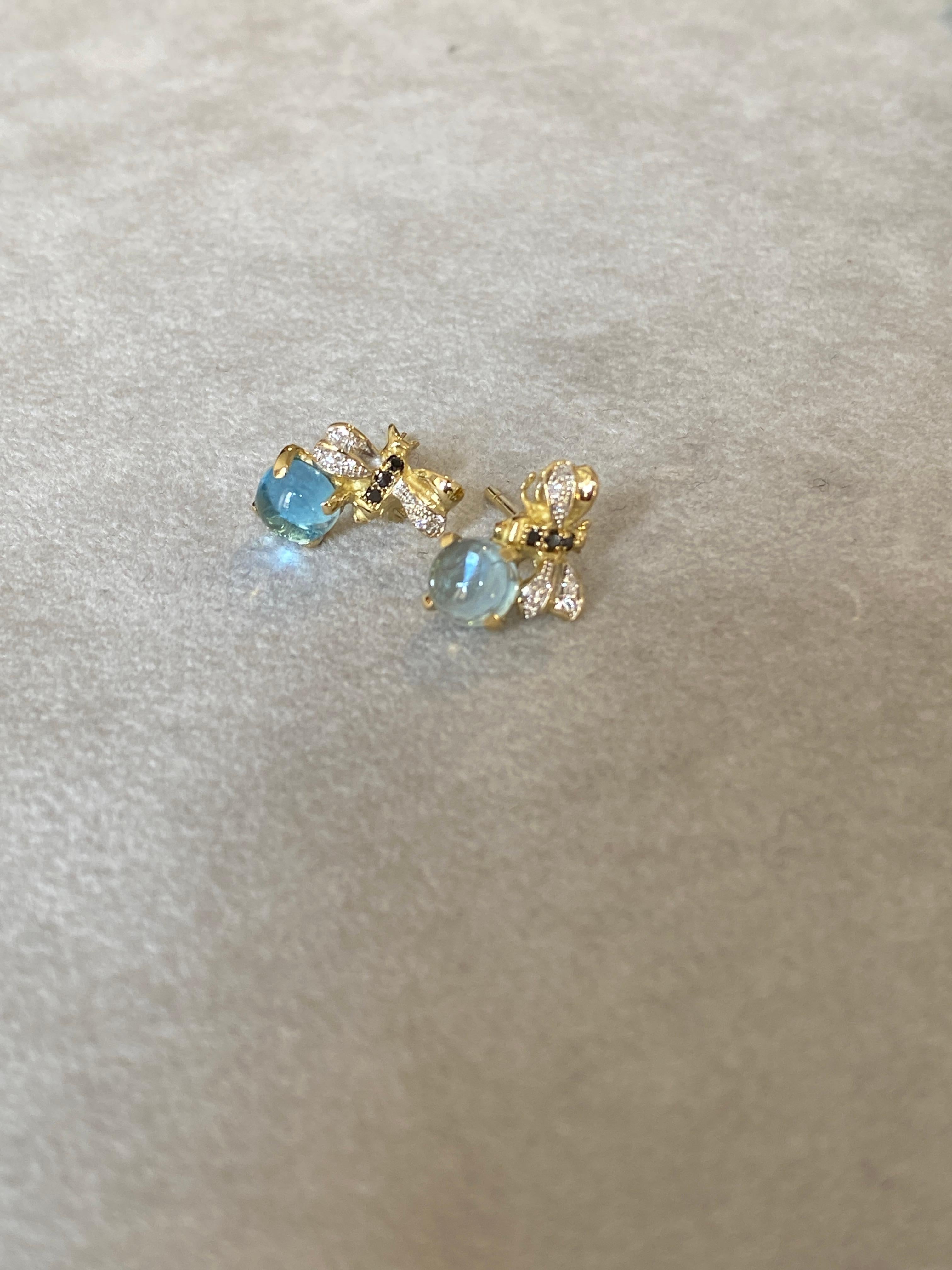 Rossella Ugolini Aquamarine 18K Gold Diamonds Bees Handcrafted Stud Earring In New Condition For Sale In Rome, IT