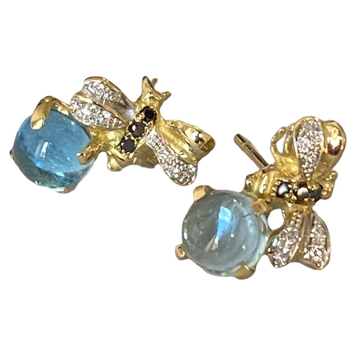 Rossella Ugolini Aquamarine 18K Gold Diamonds Bees Handcrafted Stud Earring For Sale