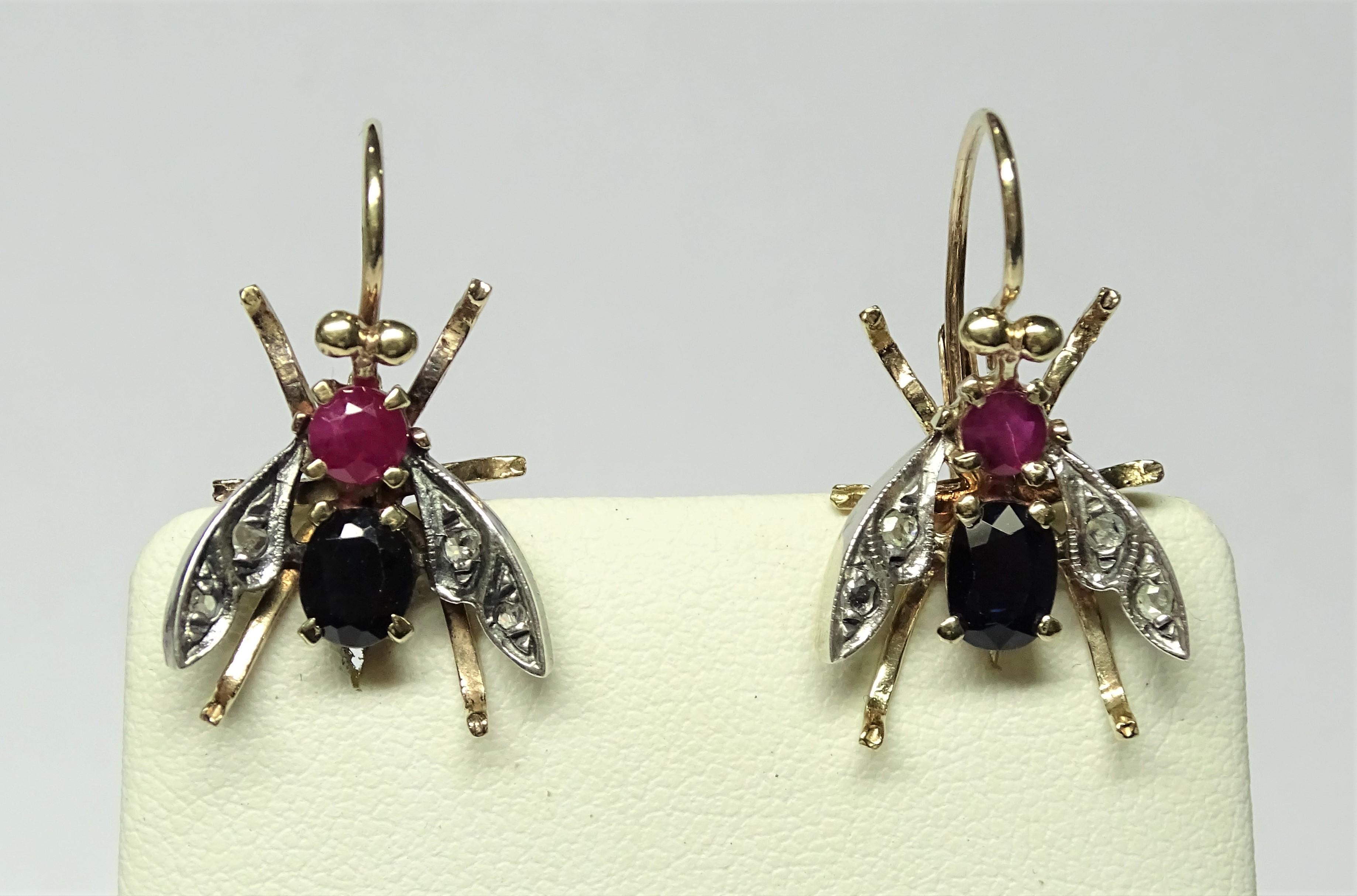 Art Nouveau Bee 2.60 Ruby Sapphire Rose Cut Diamond Yellow Gold Earrings For Sale