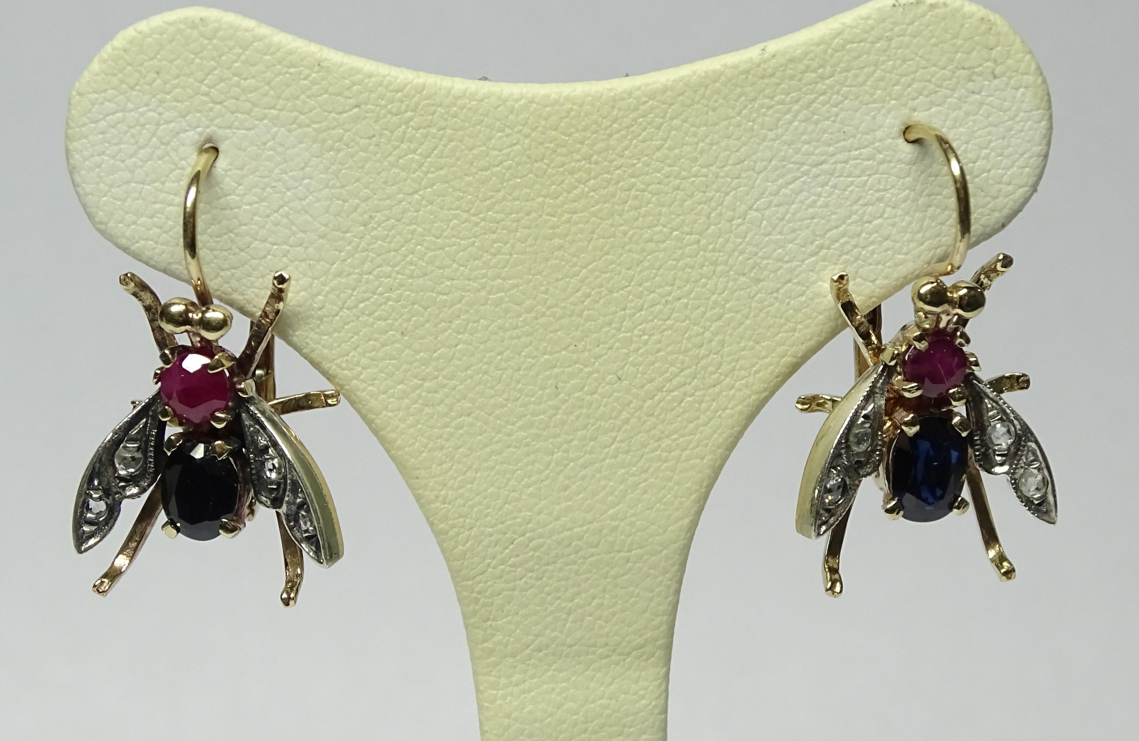 Bee 2.60 Ruby Sapphire Rose Cut Diamond Yellow Gold Earrings In New Condition For Sale In Marcianise, IT