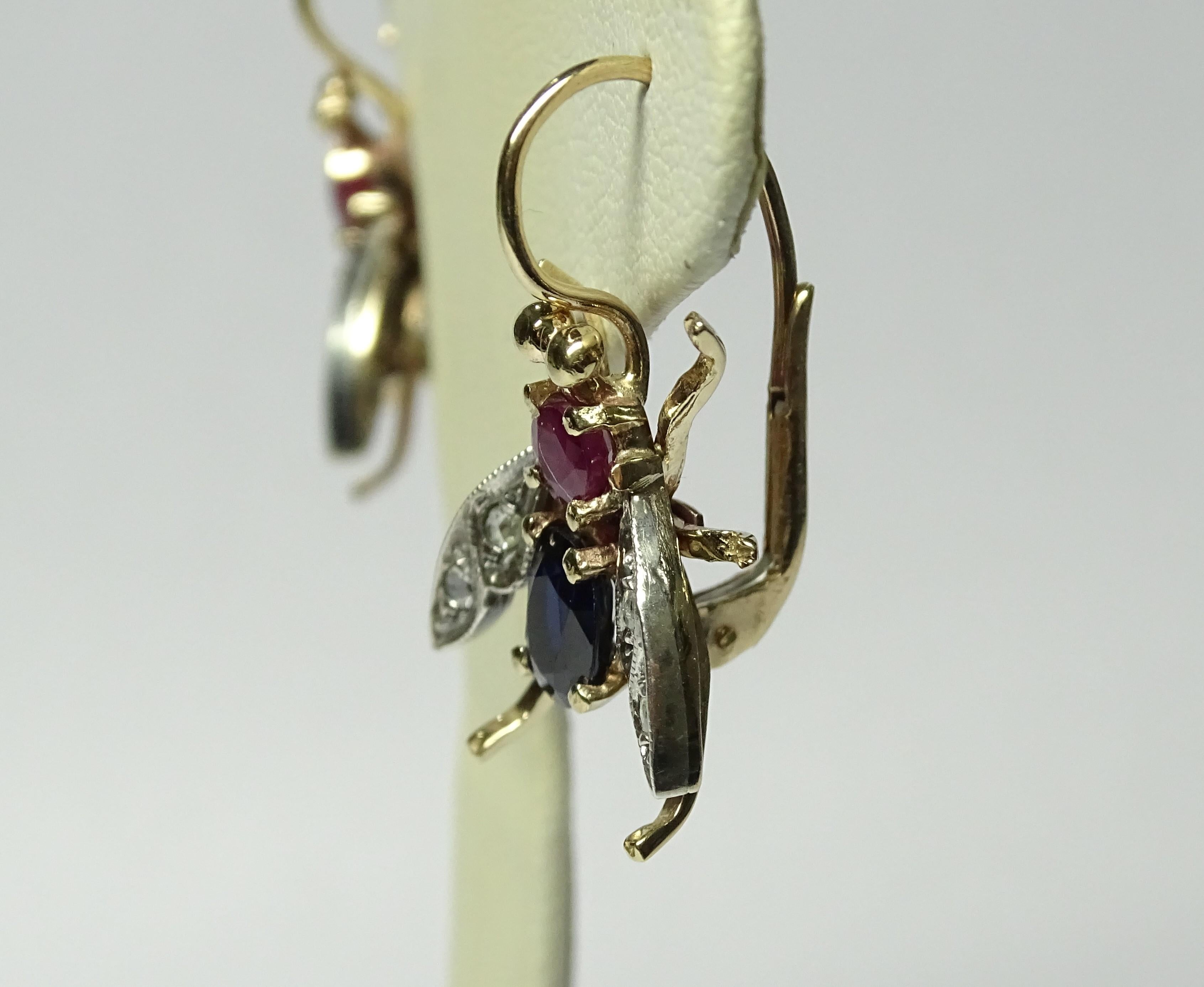 Bee 2.60 Ruby Sapphire Rose Cut Diamond Yellow Gold Earrings For Sale 1