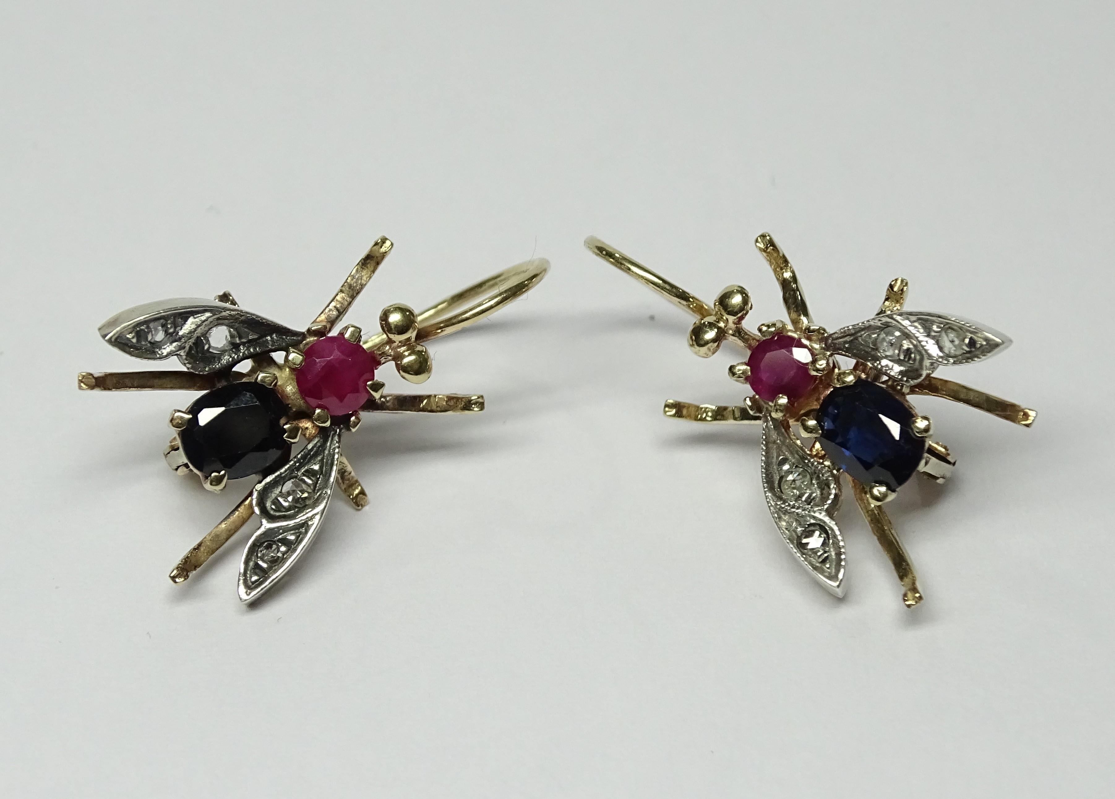Bee 2.60 Ruby Sapphire Rose Cut Diamond Yellow Gold Earrings For Sale 2