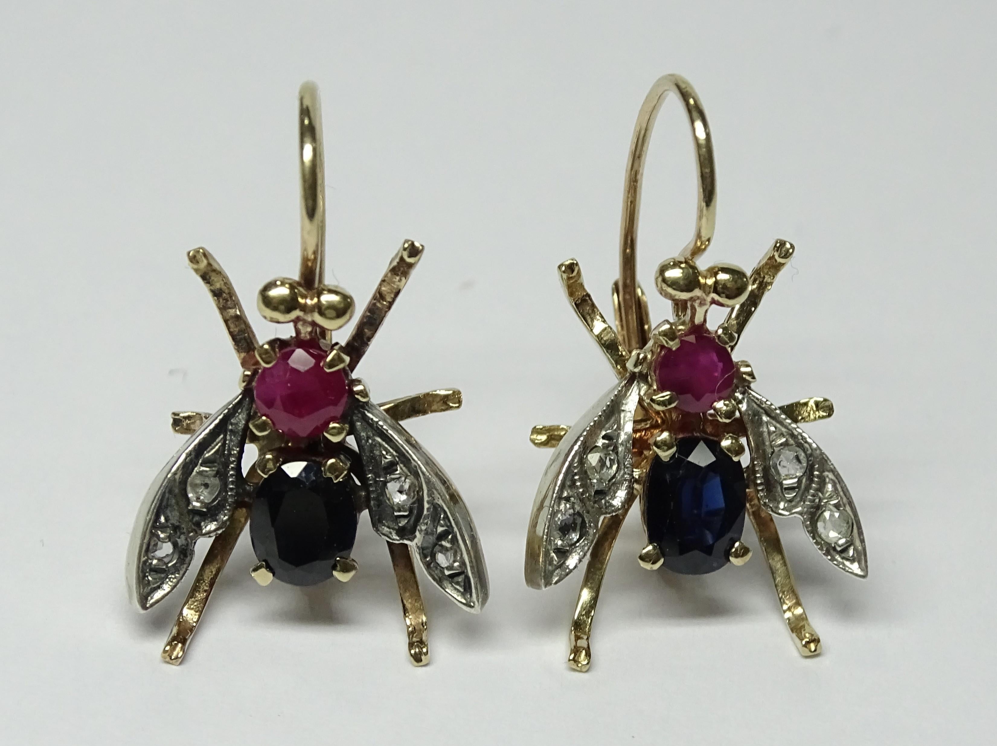 Bee 2.60 Ruby Sapphire Rose Cut Diamond Yellow Gold Earrings For Sale 3