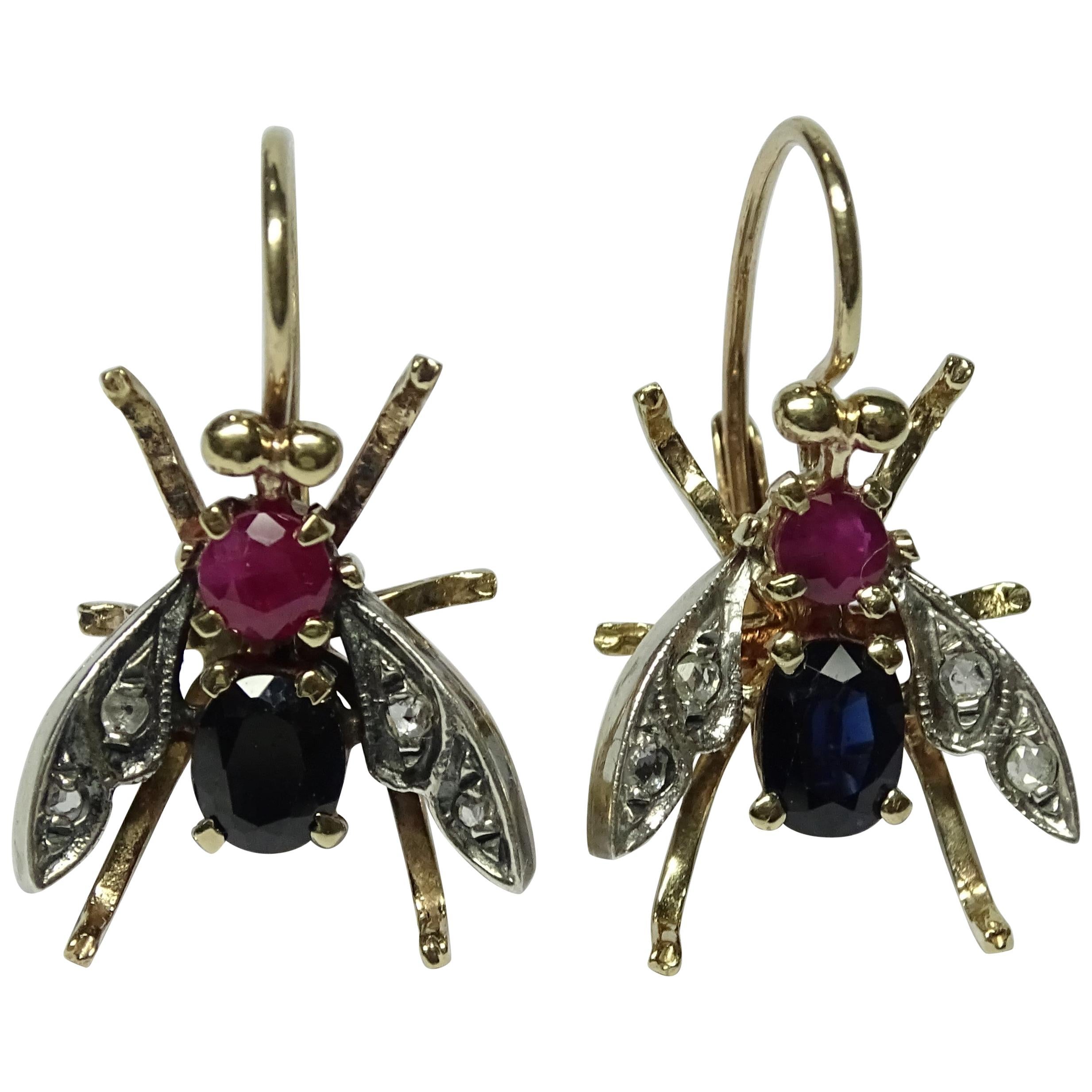 Bee 2.60 Ruby Sapphire Rose Cut Diamond Yellow Gold Earrings For Sale