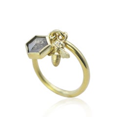 Bee and Hexagonal Natural Diamond Charm Ring on Gold Band