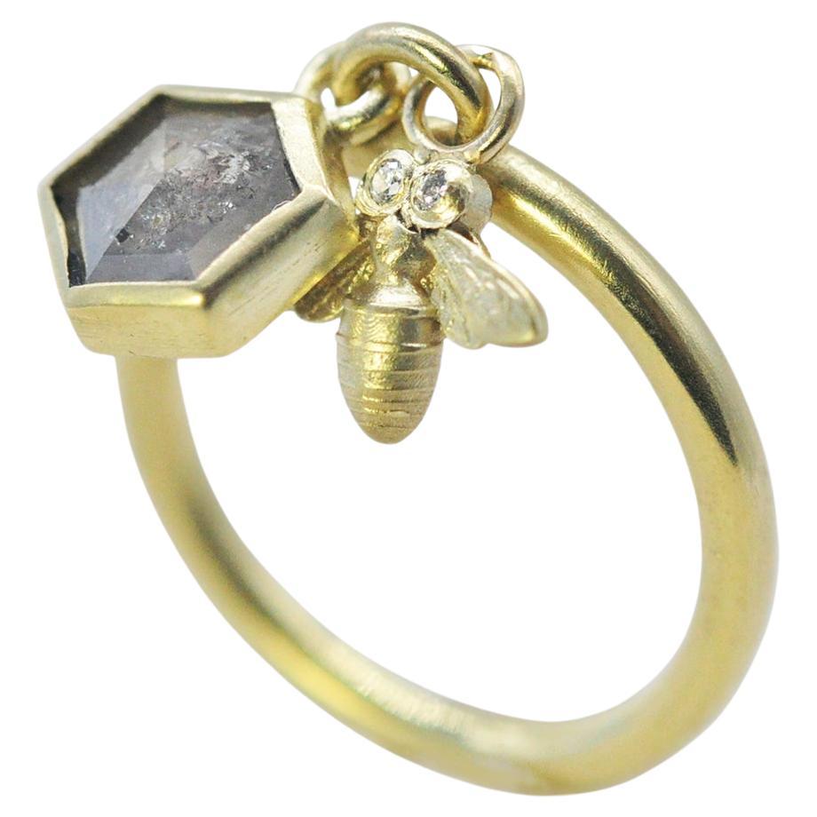 For Sale:  Bee and Hexagonal Natural Diamond Charm Ring on Gold Band