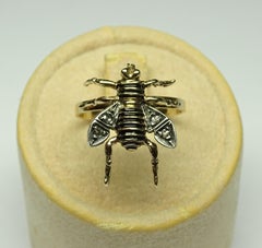 Bee Black Enamel Rose Cut Diamonds Yellow Gold Art Nouveau Ring