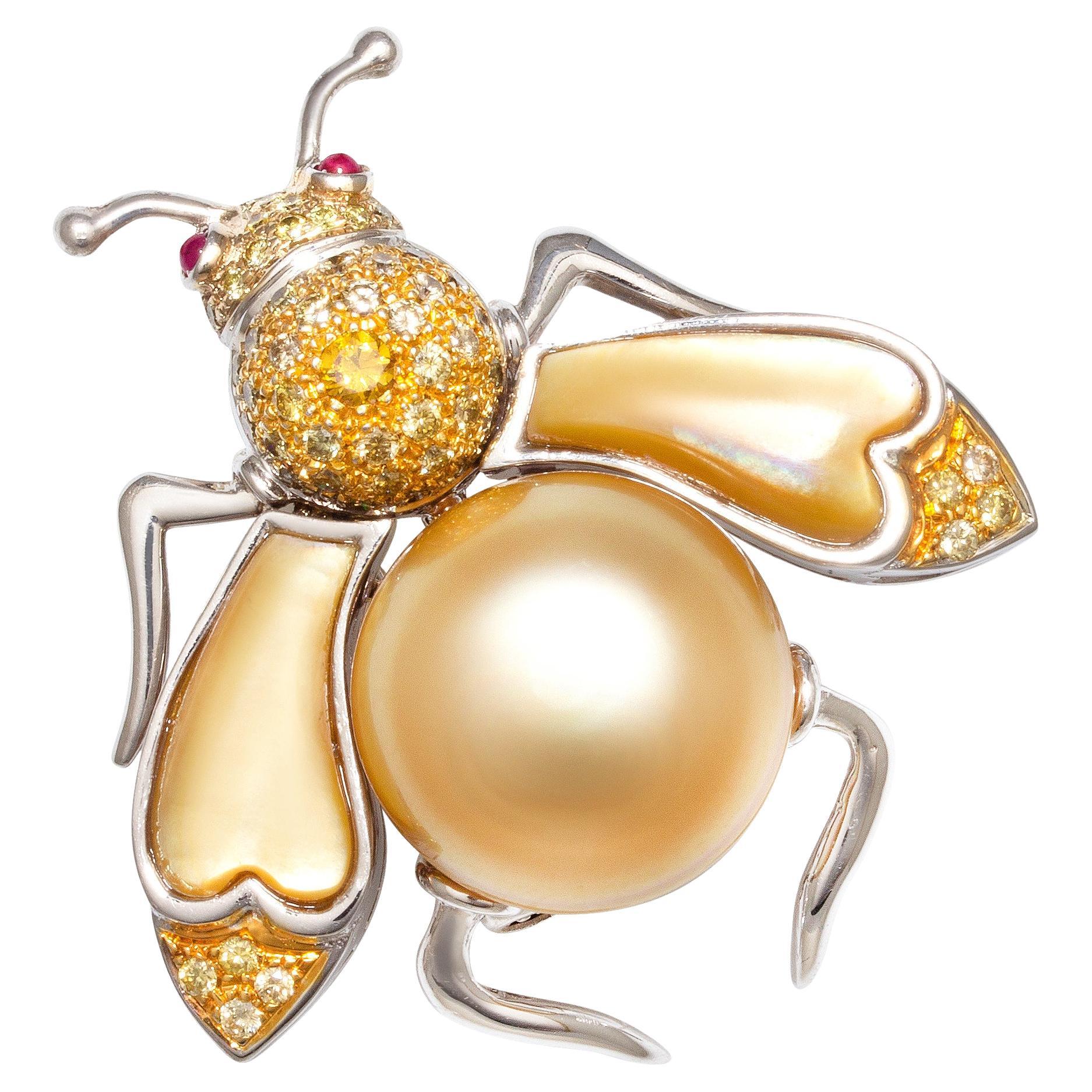 Bee Brooch Golden Pearl Fancy Color Diamonds Design by Ella Gafter
