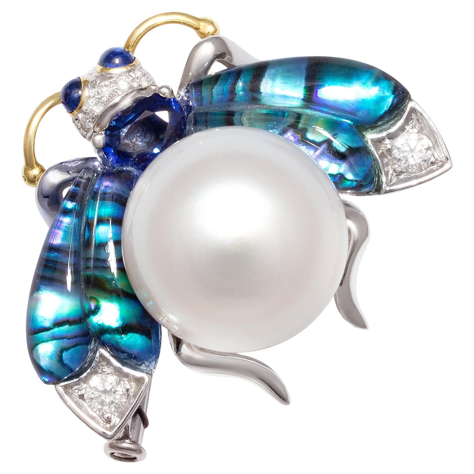 Bee Brooch Pin Heart Shape Blue Sapphire Diamonds Pearl Design by Ella Gafter