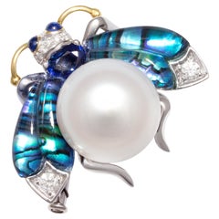 Bee Brooch Pin Heart Shape Blue Sapphire Diamonds Pearl Design by Ella Gafter