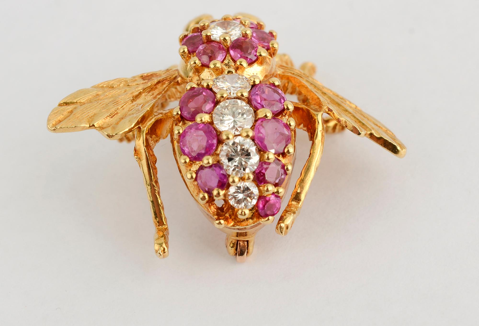 Women's or Men's Bee Brooch with Rubies and Diamonds