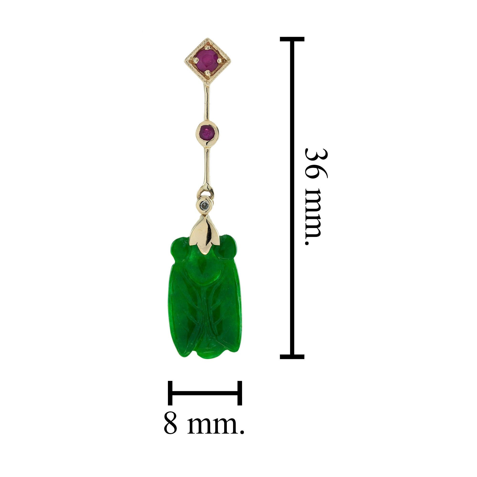 Square Cut Bee Carved Jade Ruby Diamond Vintage Style Dangle 9K Gold Earrings For Sale