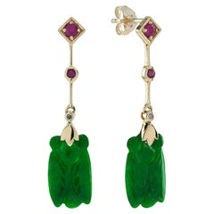 Bee Carved Jade Ruby Diamond Vintage Style Dangle 9K Gold Earrings