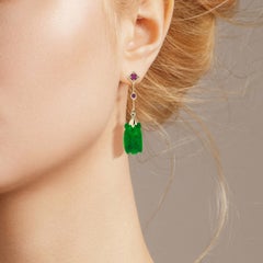 Bee Carved Jade Ruby Diamond Vintage Style Dangle Earrings in 9K Yellow Gold