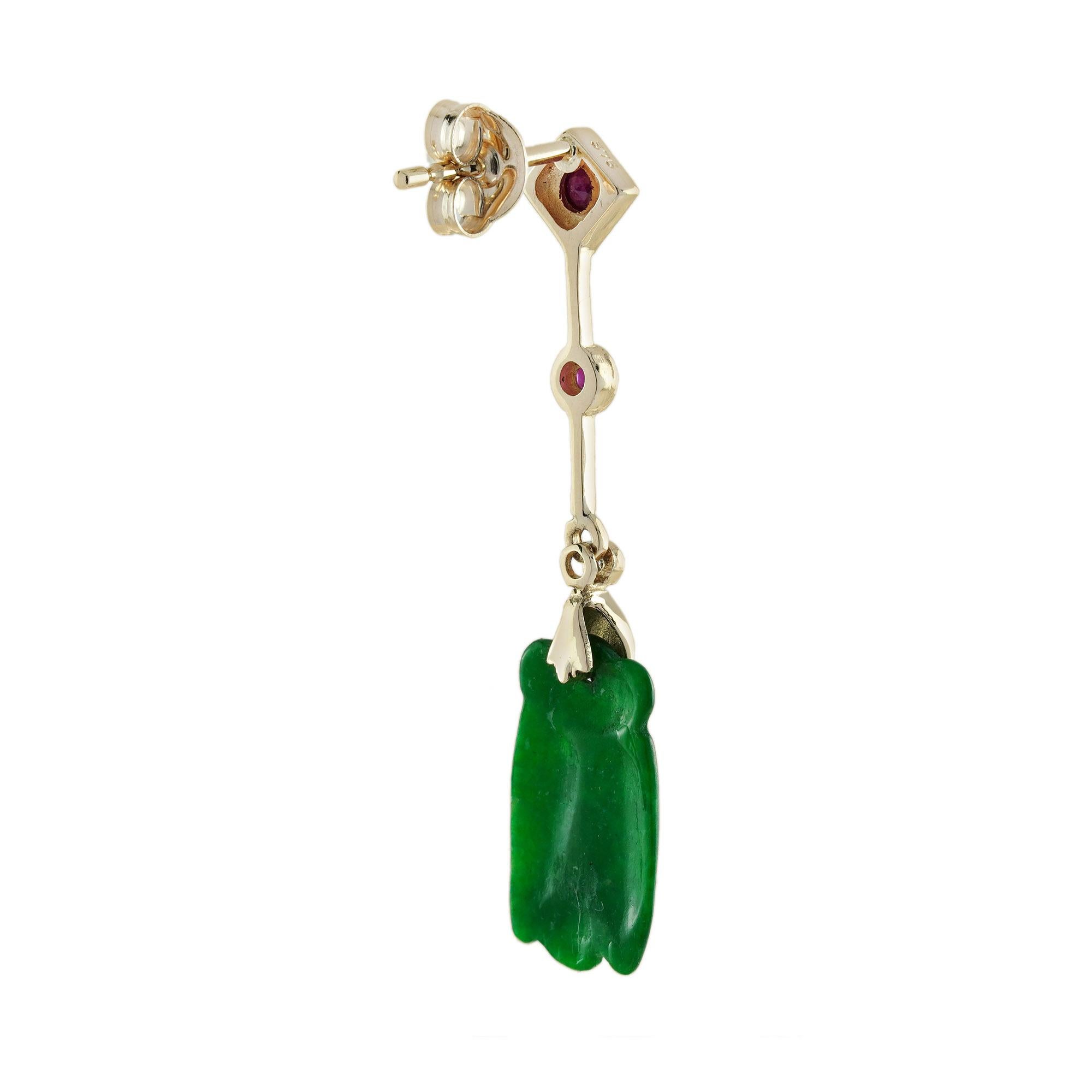 Mixed Cut Bee Carved Jade Ruby Diamond Vintage Style Dangle Earrings in 9K Yellow Gold For Sale