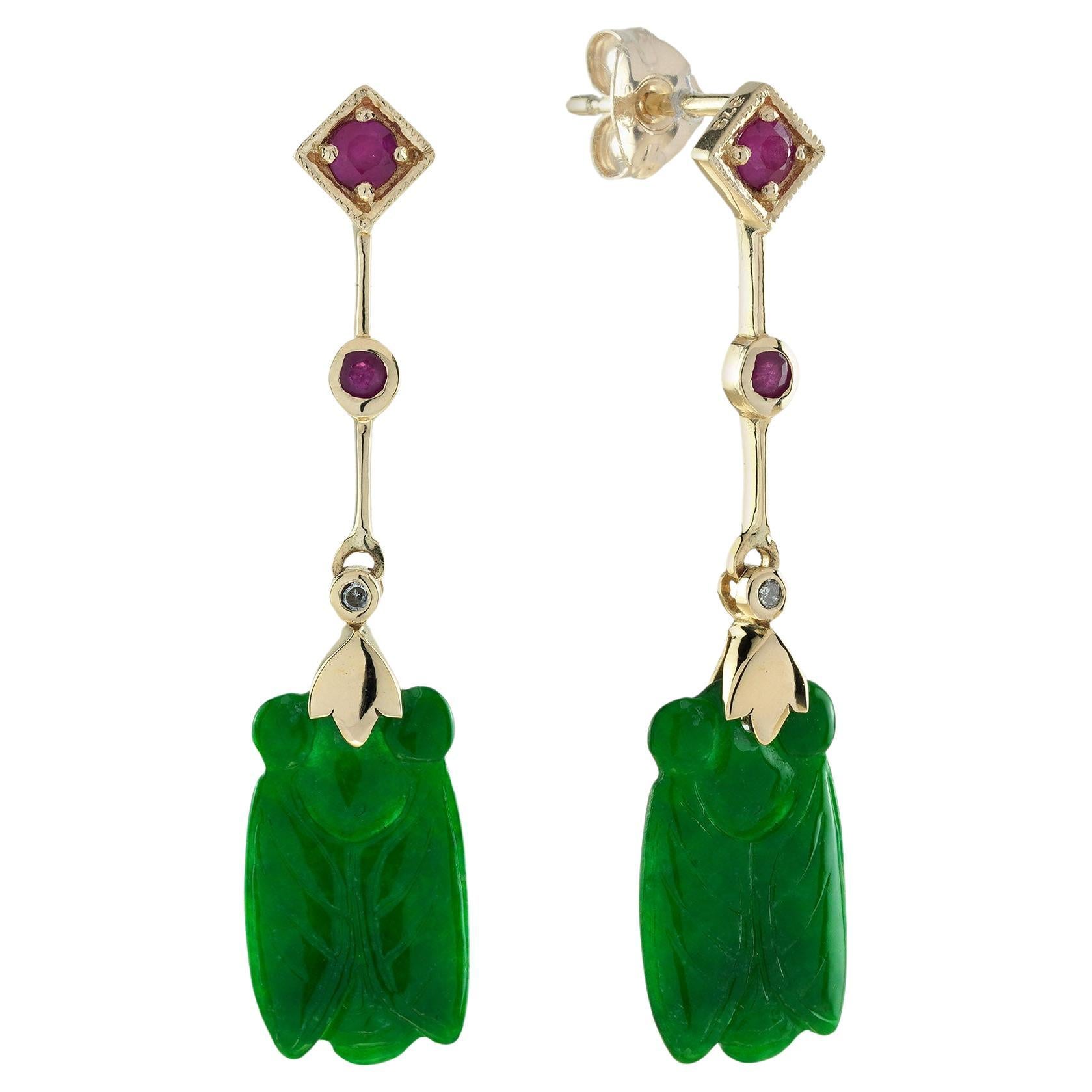 Bee Carved Jade Ruby Diamond Vintage Style Dangle Earrings in 9K Yellow Gold For Sale