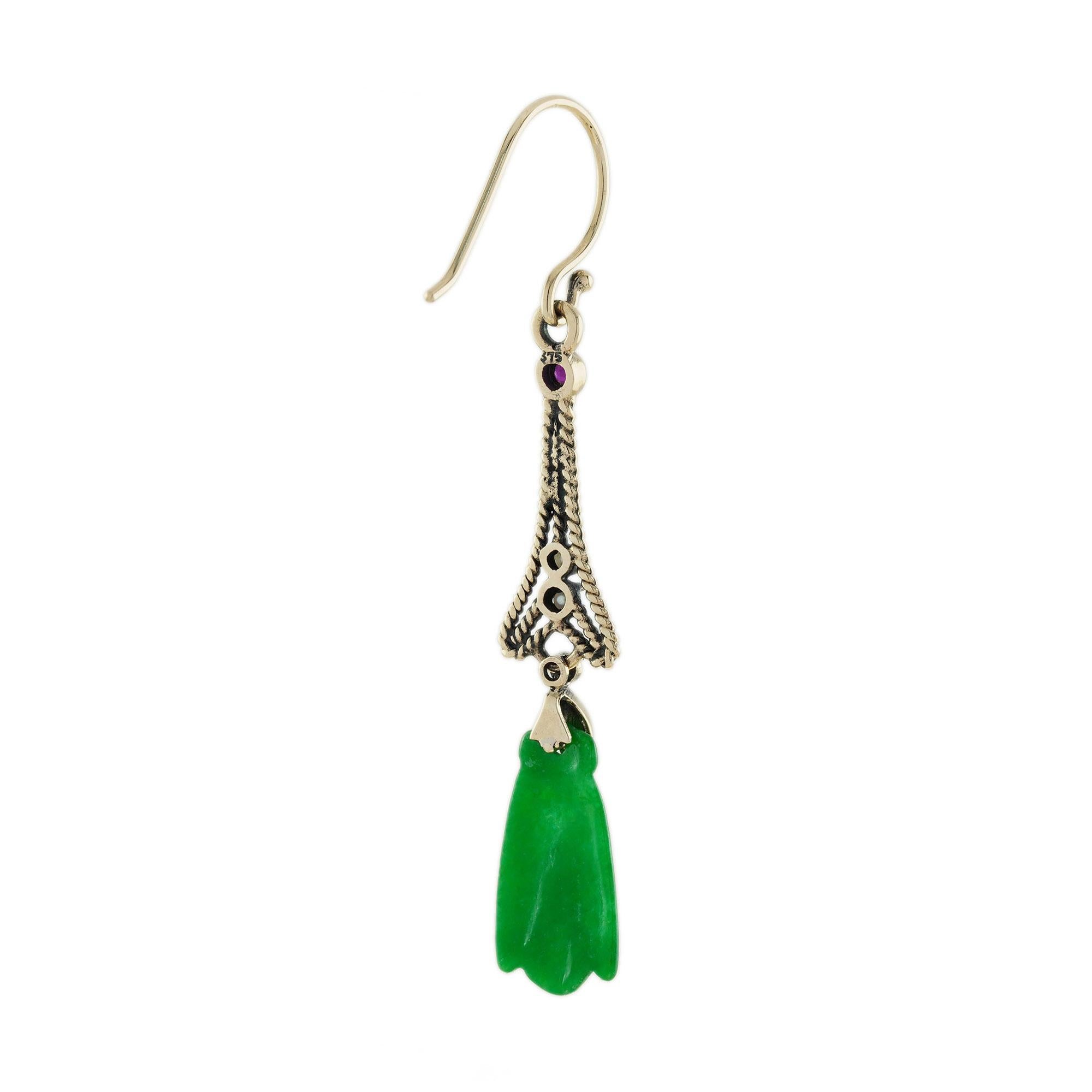 Round Cut Bee Carved Jade Ruby Pearl Diamond Dangle 9K Yellow Gold Earrings For Sale
