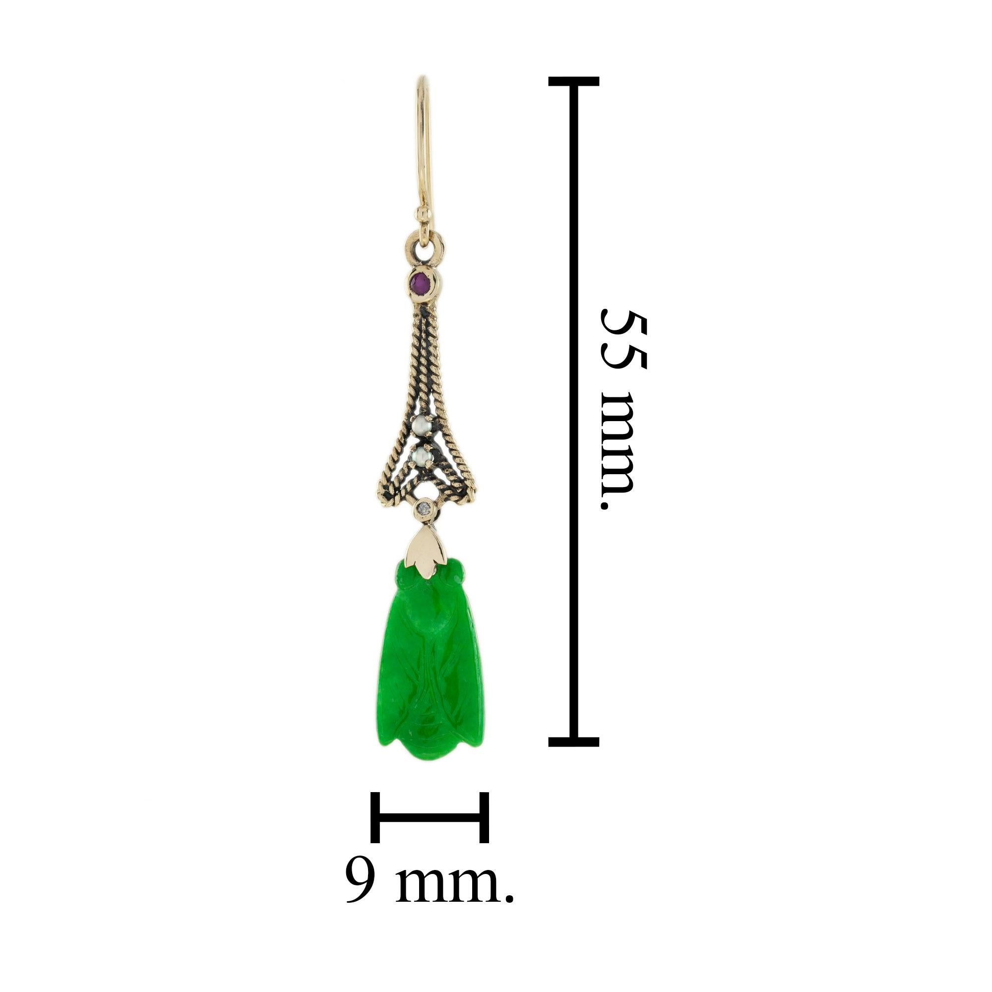 Bee Carved Jade Ruby Pearl Diamond Dangle 9K Yellow Gold Earrings In Good Condition For Sale In Oakton, VA