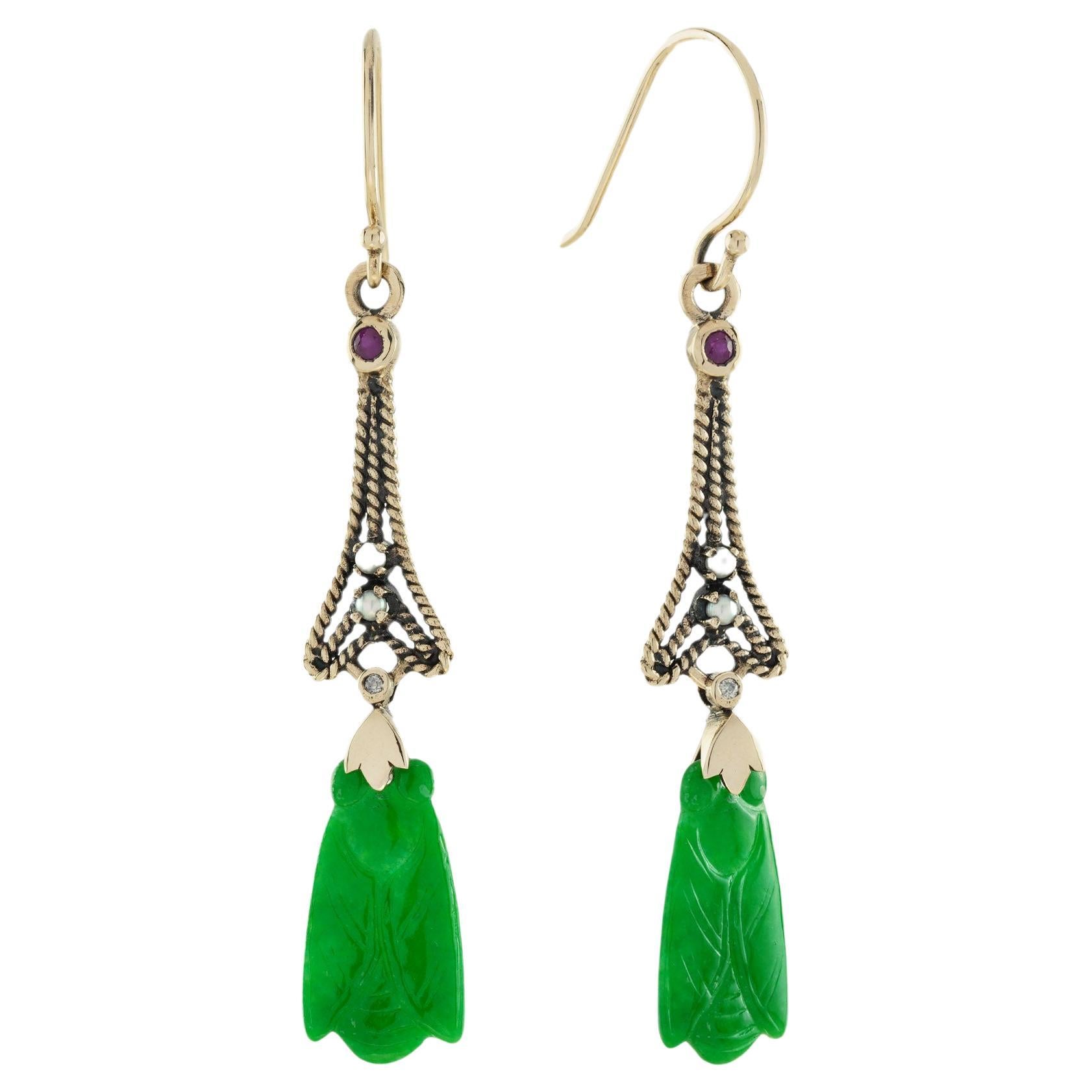 Boucles d'oreilles pendantes en or jaune 9K avec diamants, rubis et jade sculptés