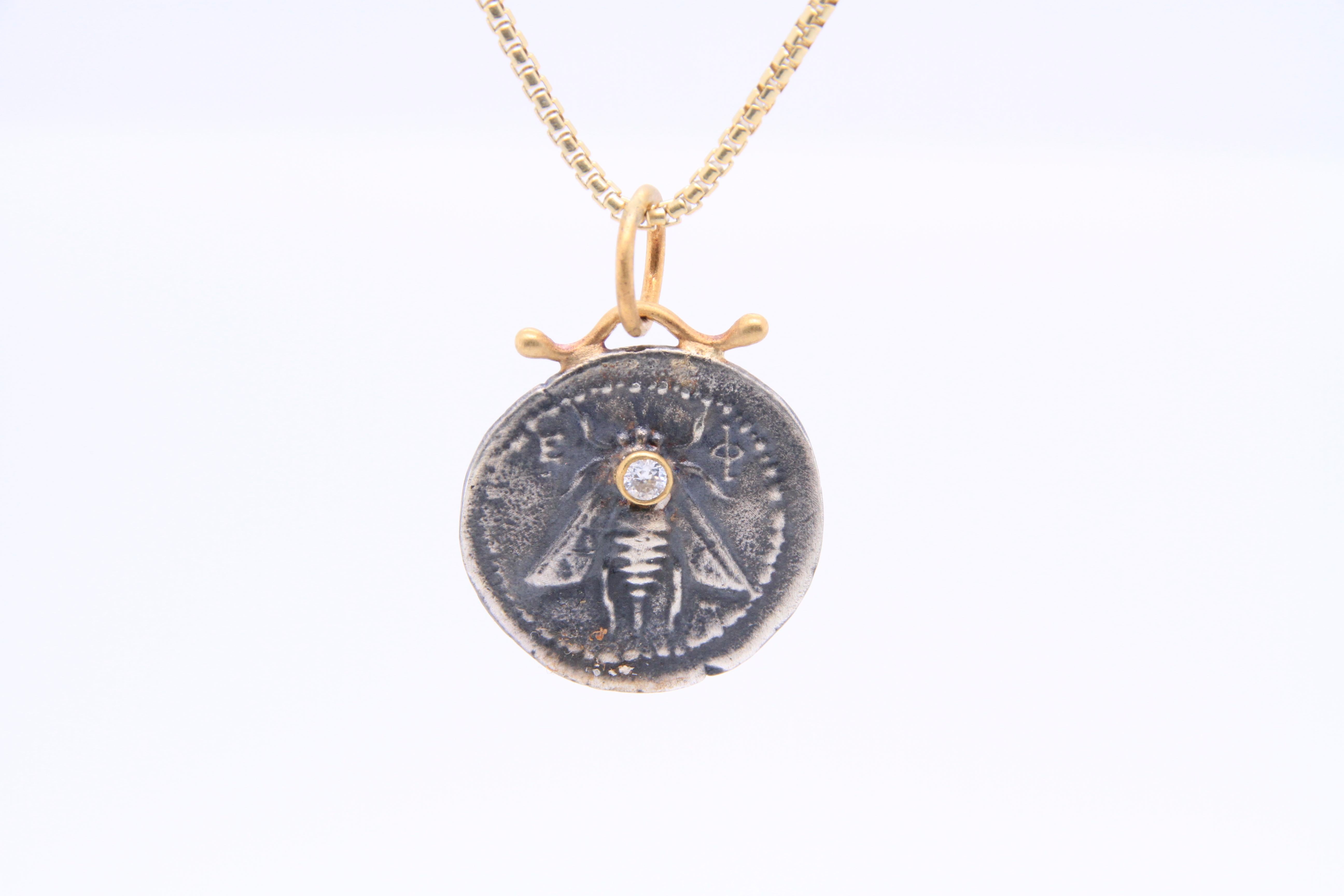 Bee Coin Amulet with Diamond, 24kt Gold and Silver, Pendant Necklace from Turkey In New Condition In Bozeman, MT