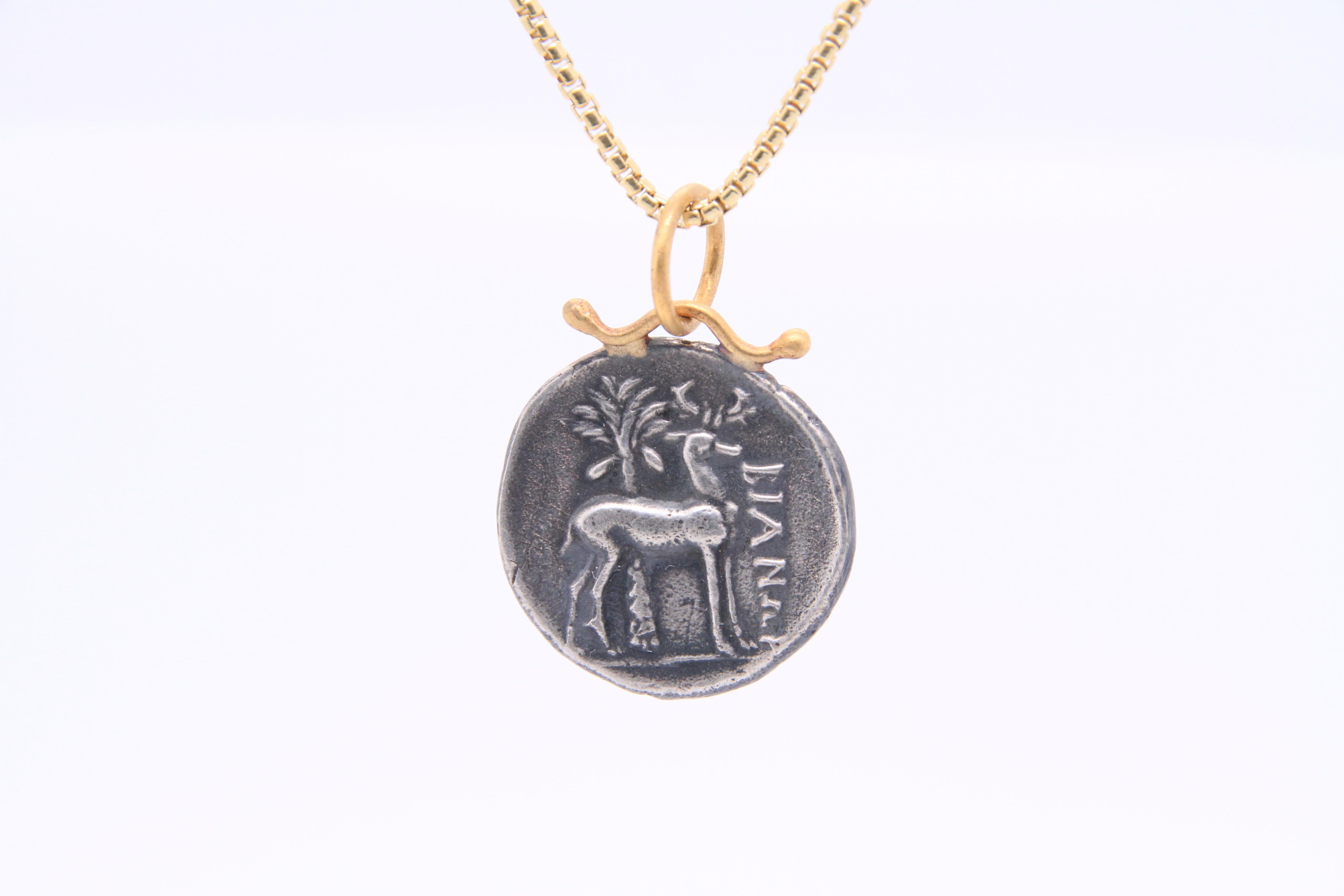 Women's or Men's Bee Coin Amulet with Diamond, 24kt Gold and Silver, Pendant Necklace from Turkey