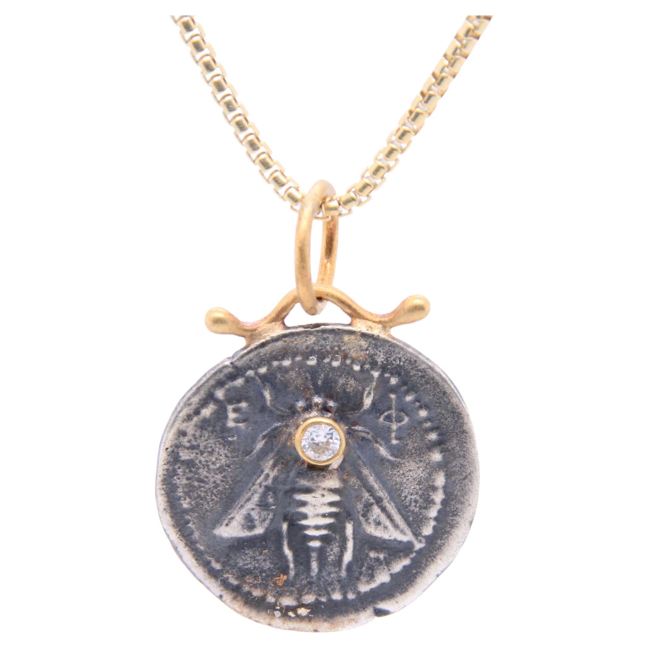 Round Cut Bee Coin Amulet with Diamond, 24kt Gold and Silver, Pendant Necklace from Turkey