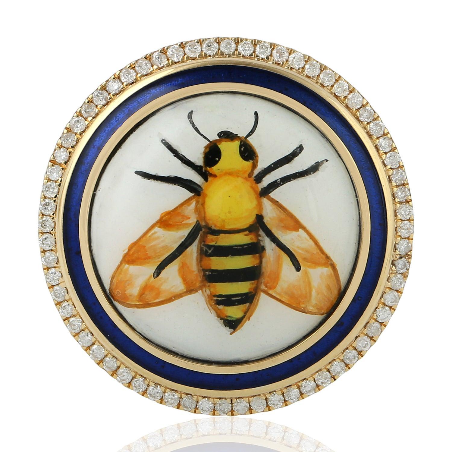 For Sale:  Bee Diamond Enamel Hand Painted 18 Karat Gold Ring 2