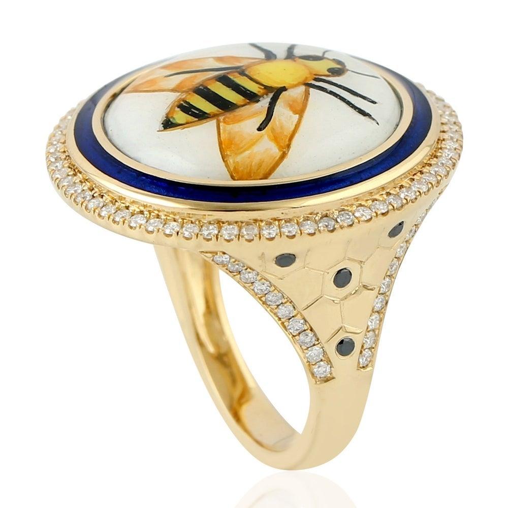 For Sale:  Bee Diamond Enamel Hand Painted 18 Karat Gold Ring 3