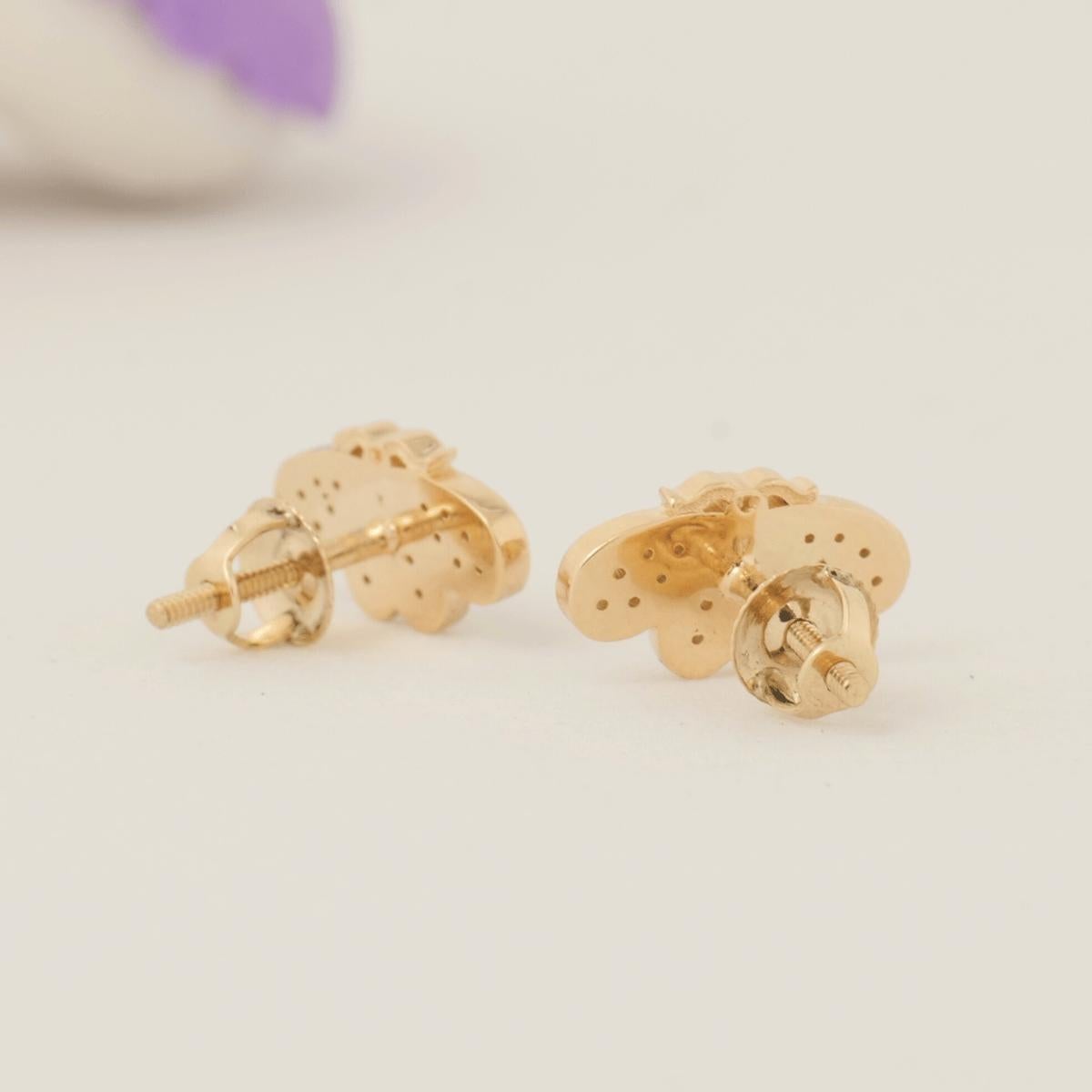 Taglio rotondo Orecchini per bambini con diamante ape in oro massiccio 14k (certificato) in vendita