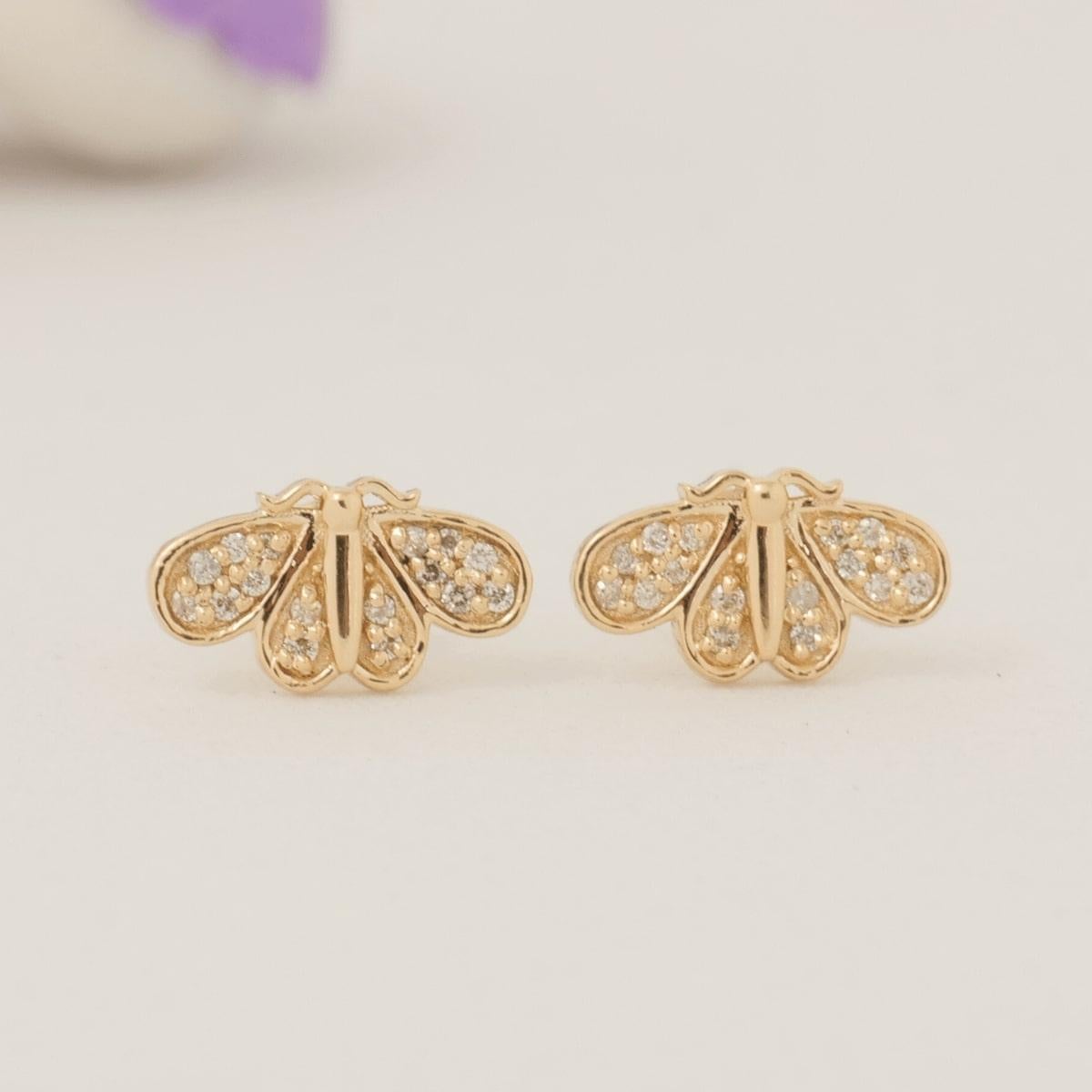 Bee Diamond Kids Earrings in 14k Solid Gold (Certified) In New Condition For Sale In New Delhi, DL