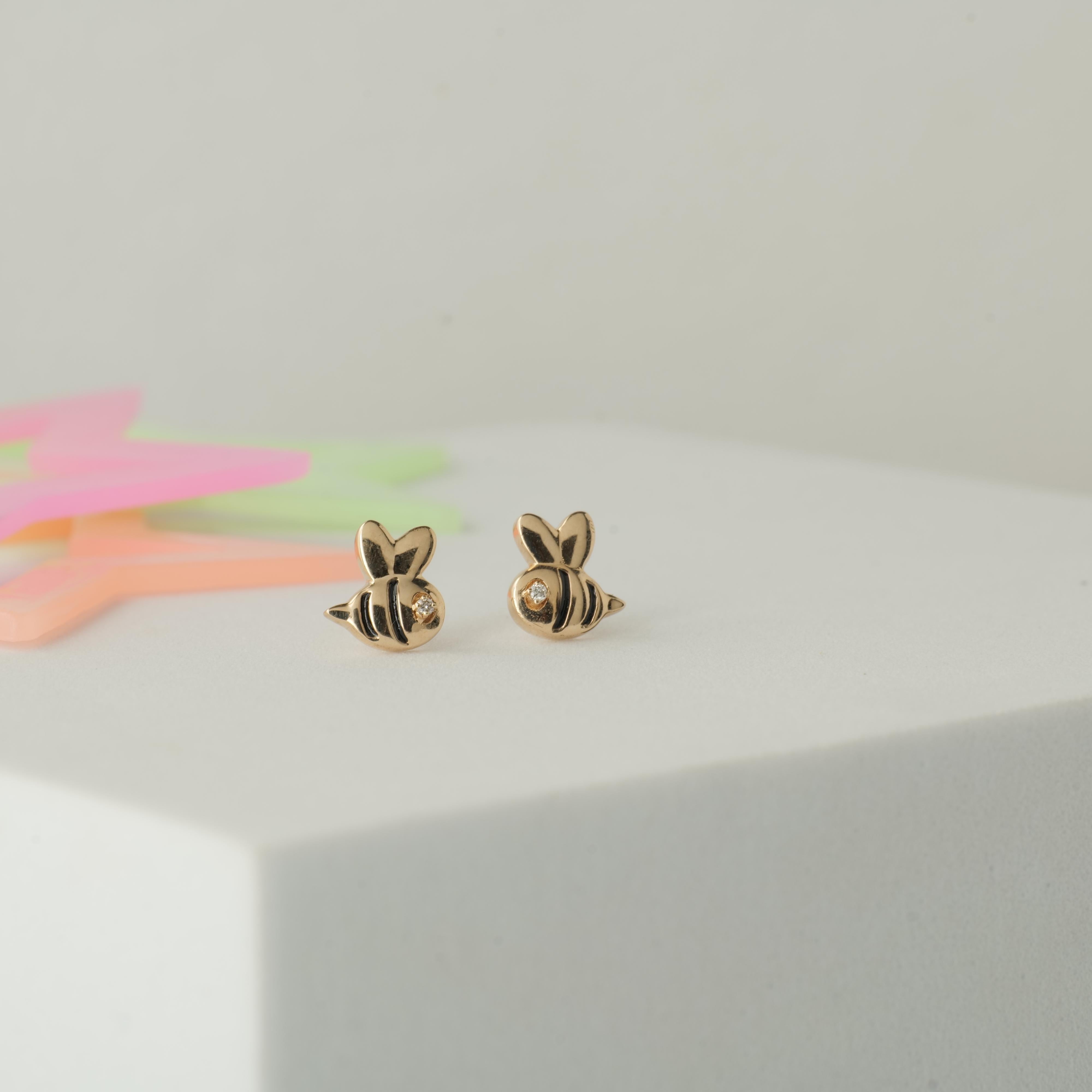 Boucles d'oreilles abeille en or massif 14K (certifié) en vente 2