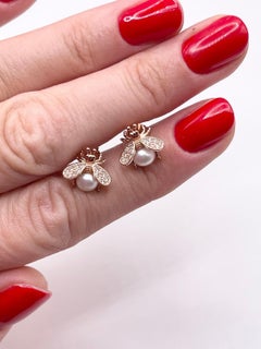 Bee earrings gold pearl earrings 18KT rose gold earrings fine diamond earrings