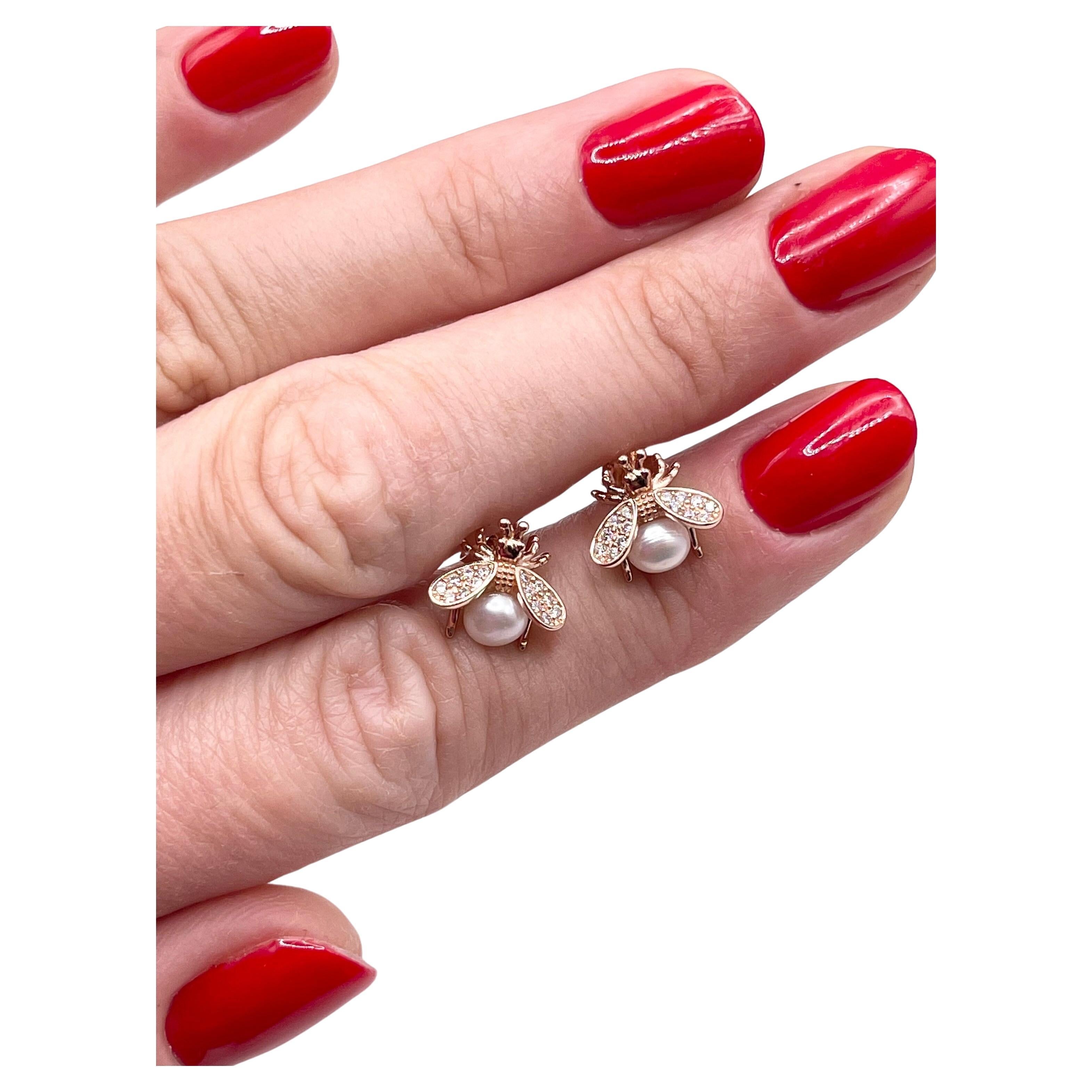 Bee earrings gold pearl earrings 18KT rose gold earrings fine diamond earrings