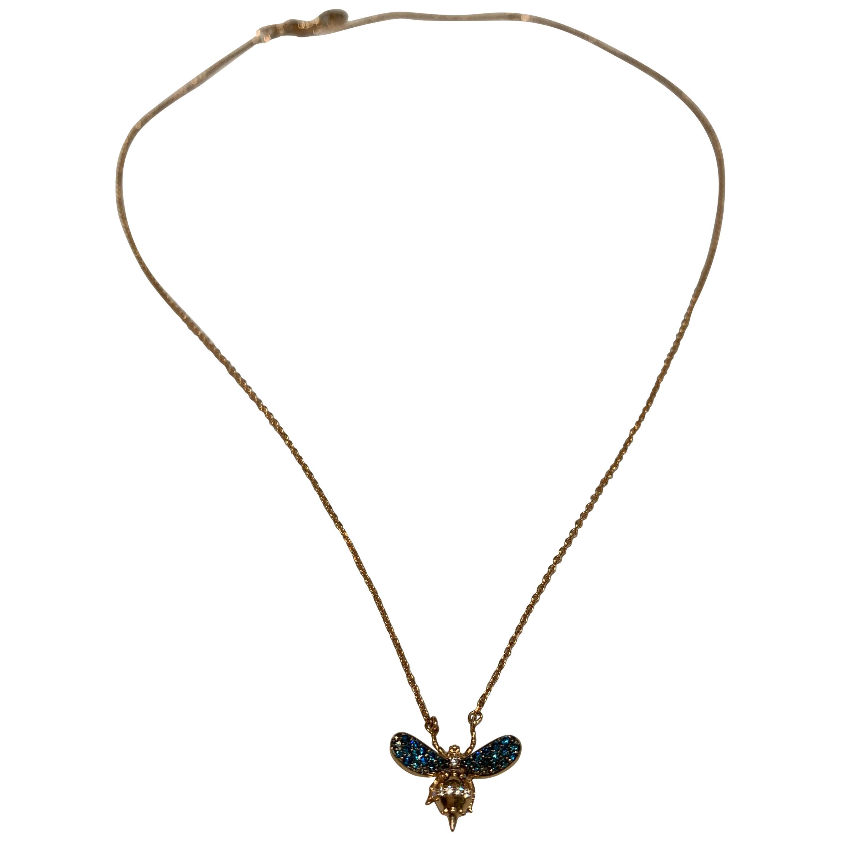 Bee Goddess 14 Karat Gold, 0.04 Ct Diamond, 0.14 Carat Blue Diamond Bee Necklace For Sale